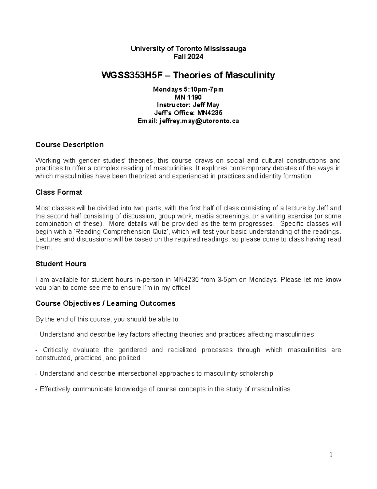 WGSS353H5F Fall 2024 Lecture Notes: Theories of Masculinity at UofT ...