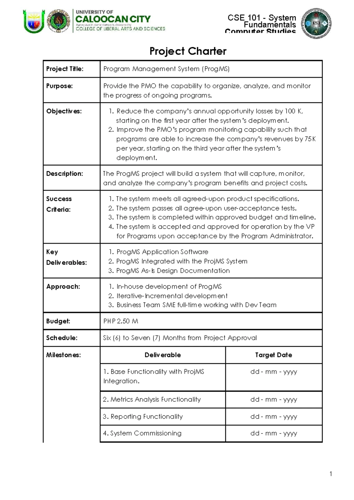 Project Charter - Template - Bachelor of Science in Computer Science ...