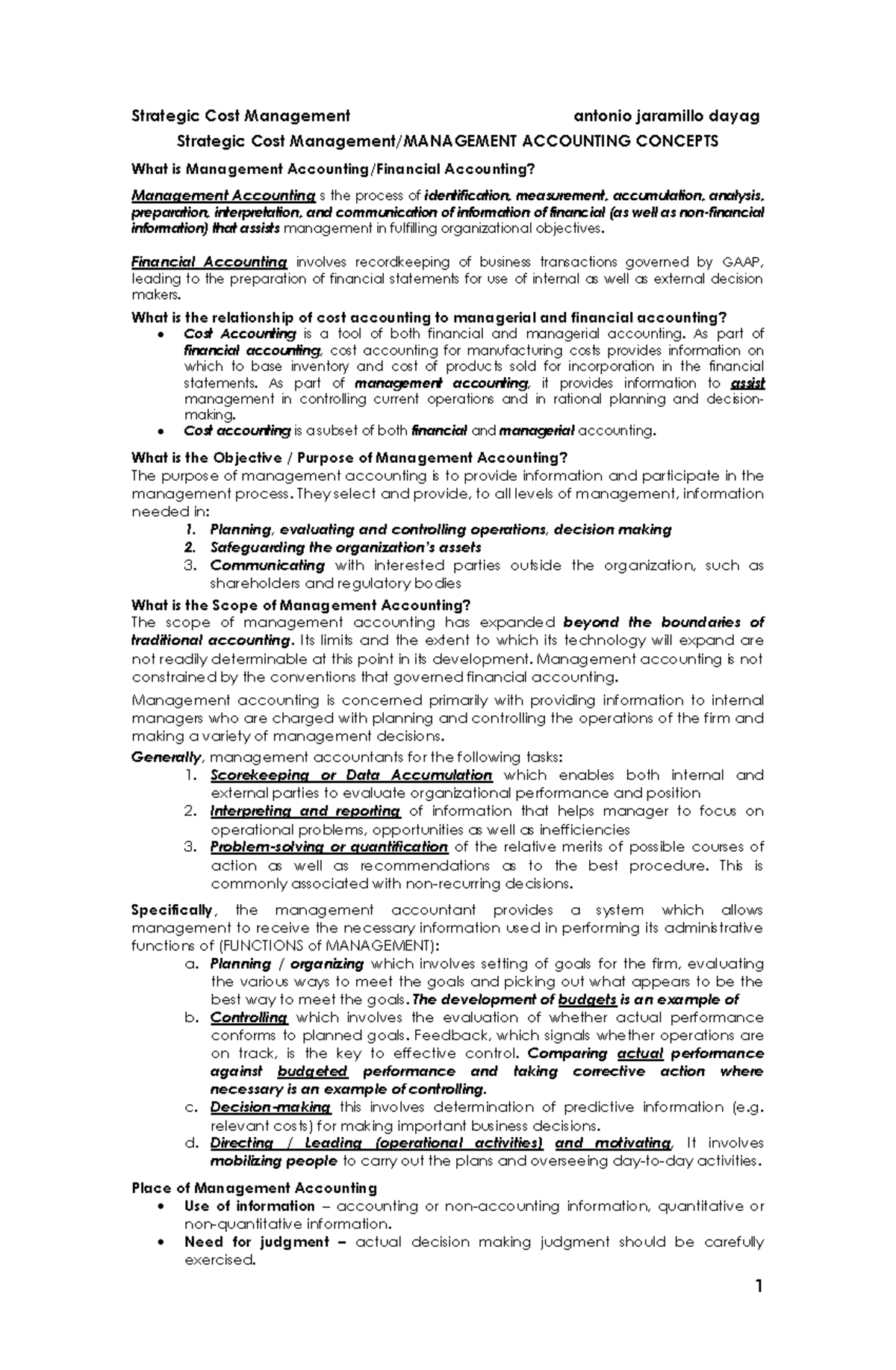 1T2023-24 Unit I - Strategic Cost Management Overview & Insights - Studocu