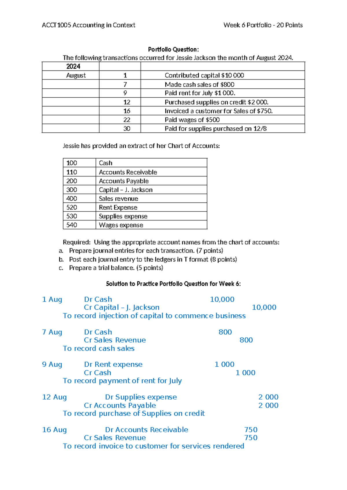 ACCT1005 Week 6 Practice Portfolio Solution: Journal Entries & Ledger ...