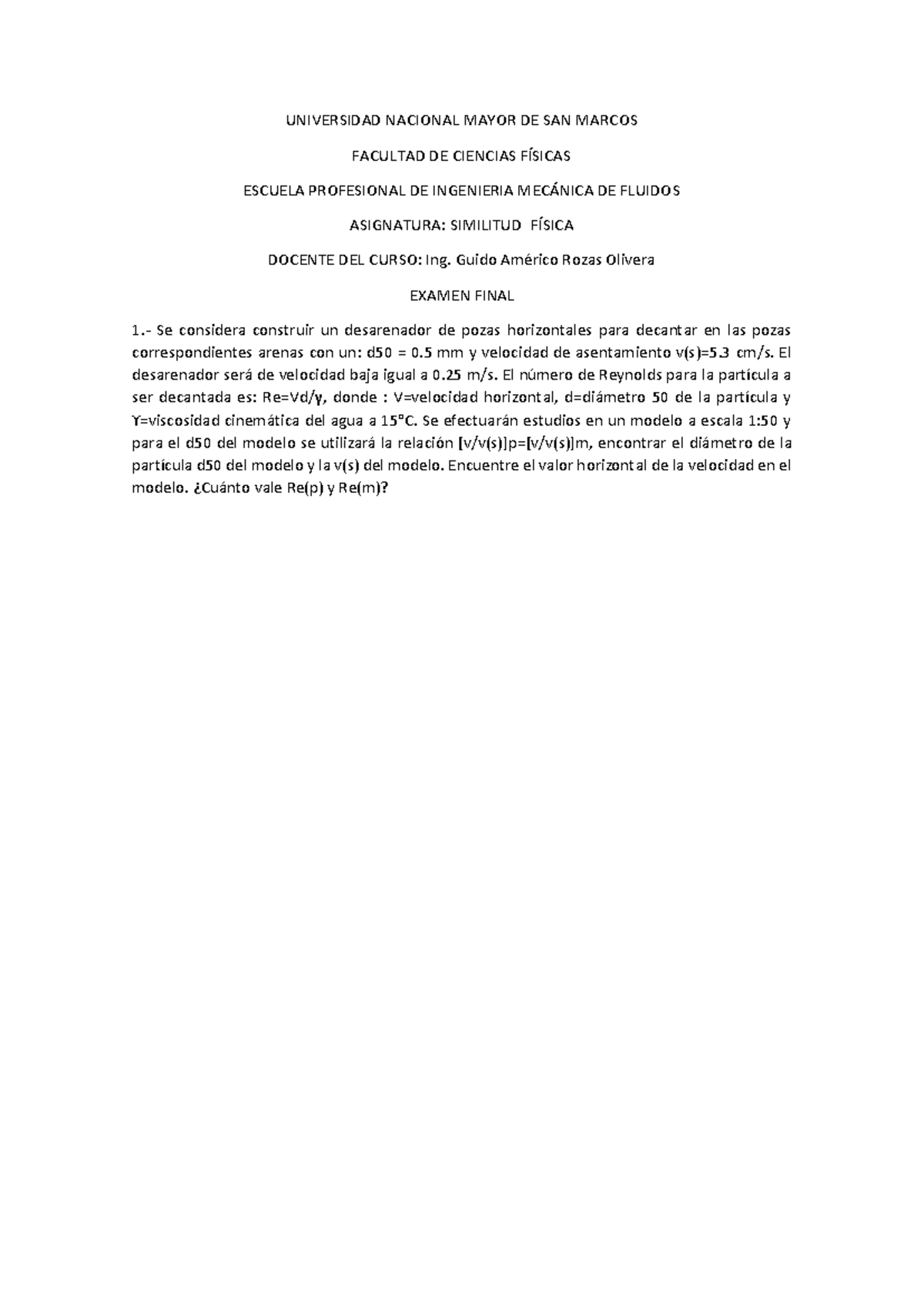 Examen Final Similitud Física - Ingeniería Mecánica de Fluidos - Document Preview