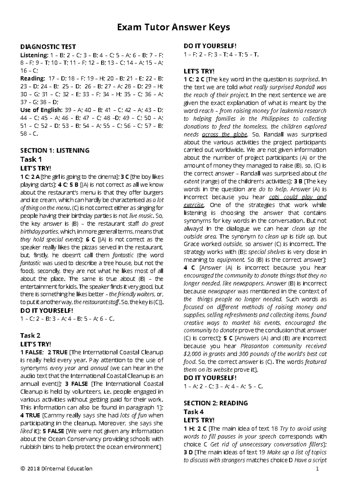 Exam Tutor Answer Keys: DIAGNOSTIC TEST Listening & Reading - Studocu