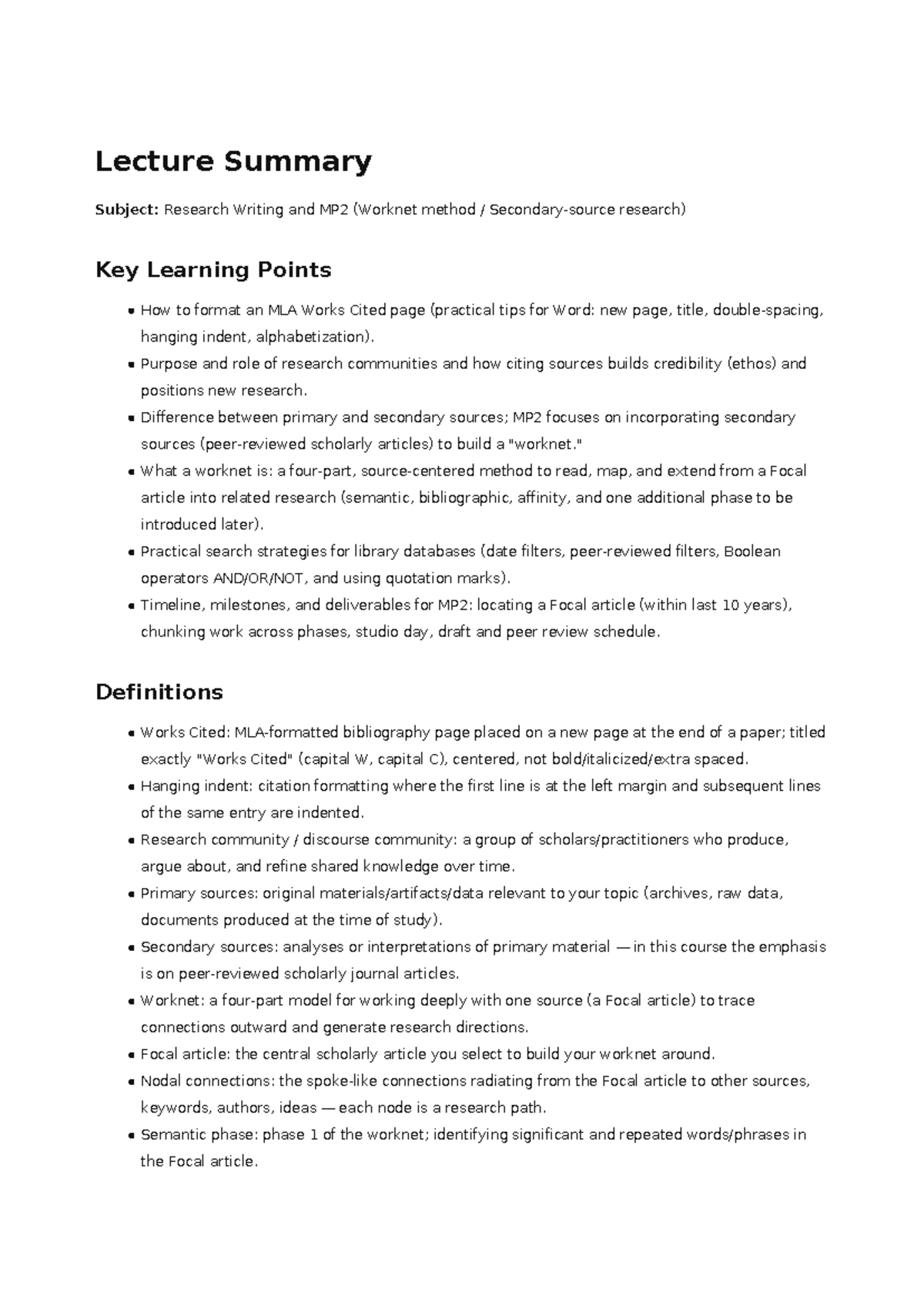 Lecture Summary: Research Writing and MP2 - Studocu