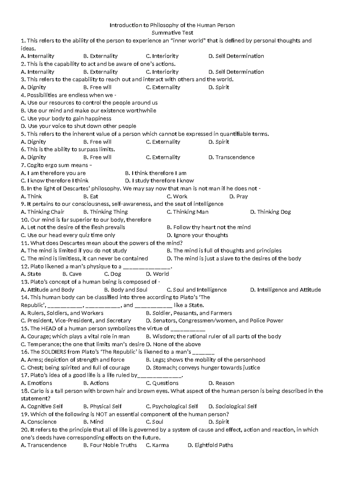 Activity Sheets: Intro to Philosophy of the Human Person Q4 W1-2 - Studocu