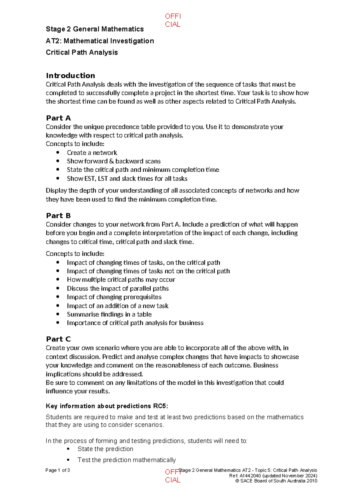 Stage 2 General Mathematics AT2: Critical Path Analysis Investigation ...