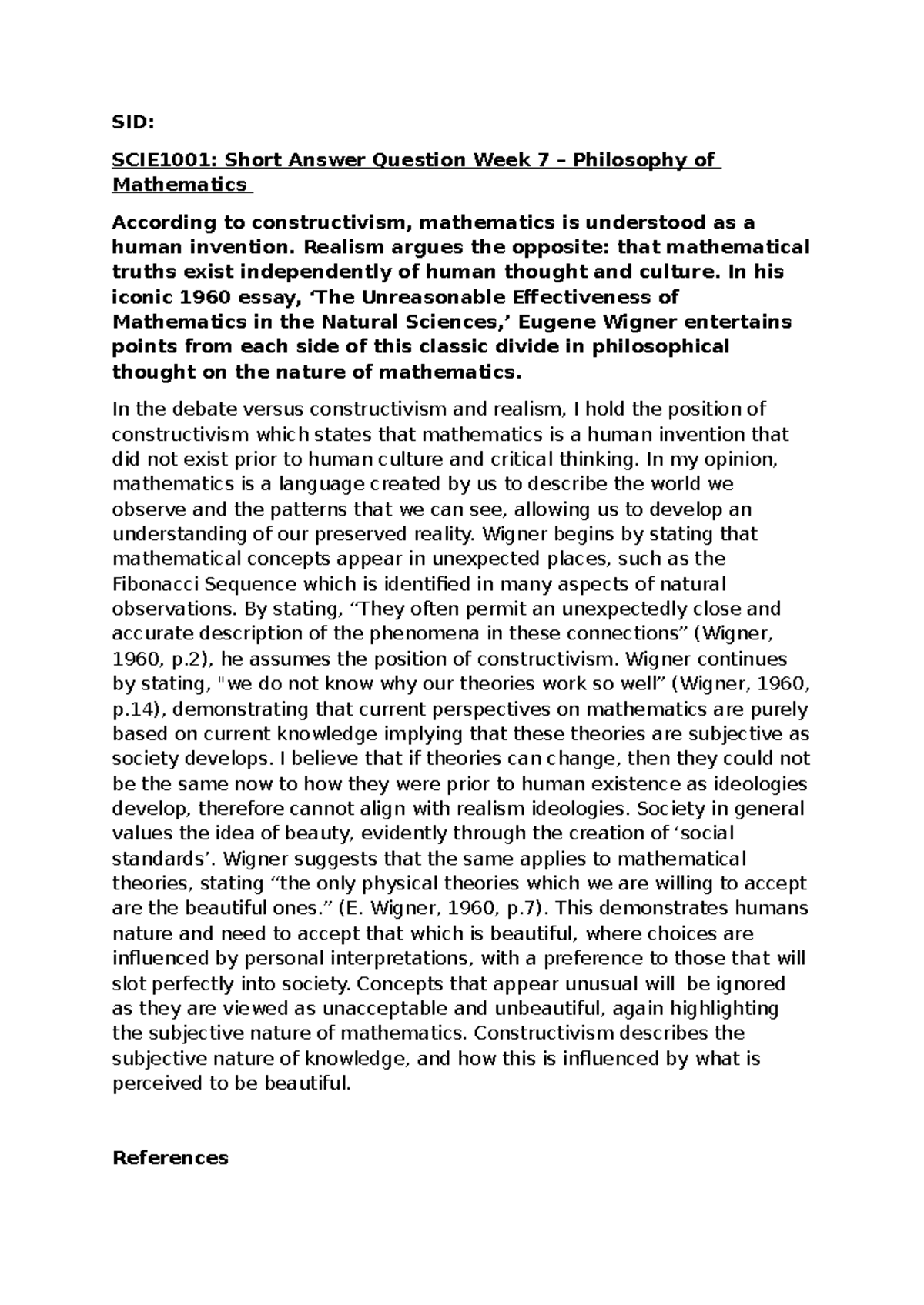 W7 SAQ - Philosophy of Maths - SID: SCIE1001: Short Answer Question ...