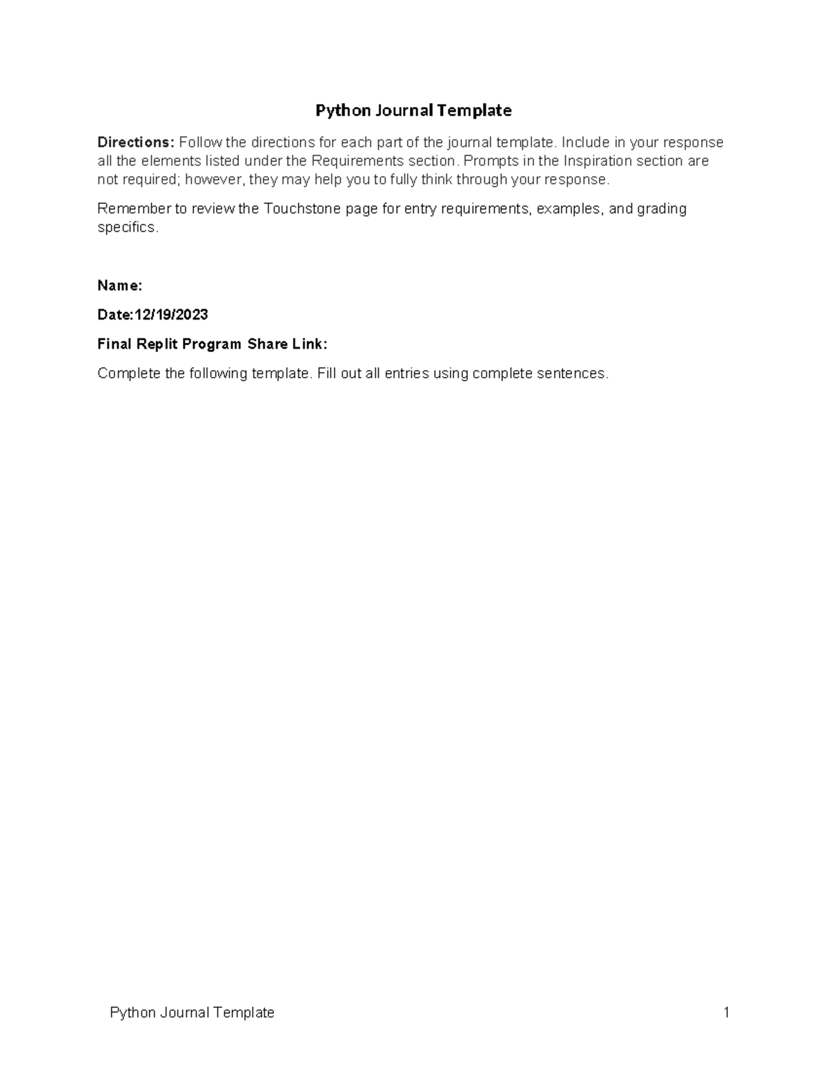 Python Journal Sophia - Python Journal Template Directions: Follow the ...