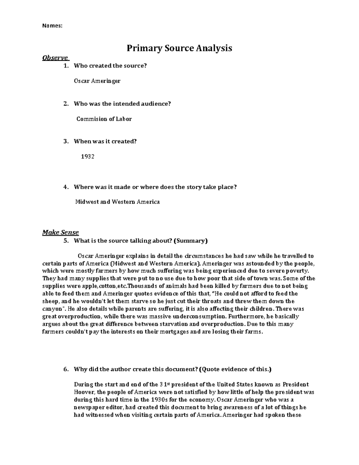Primary Source Analysis Worksheet 1: The Great Depression Insights ...