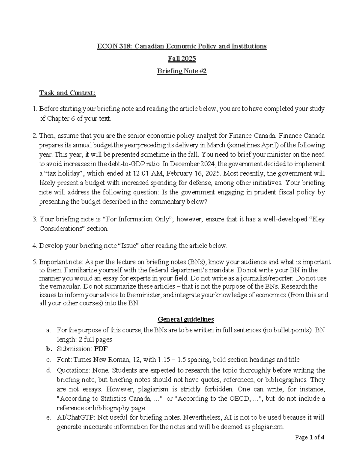 ECON 318: Briefing Note on Canadian Fiscal Policy - Fall 2025 - Studocu