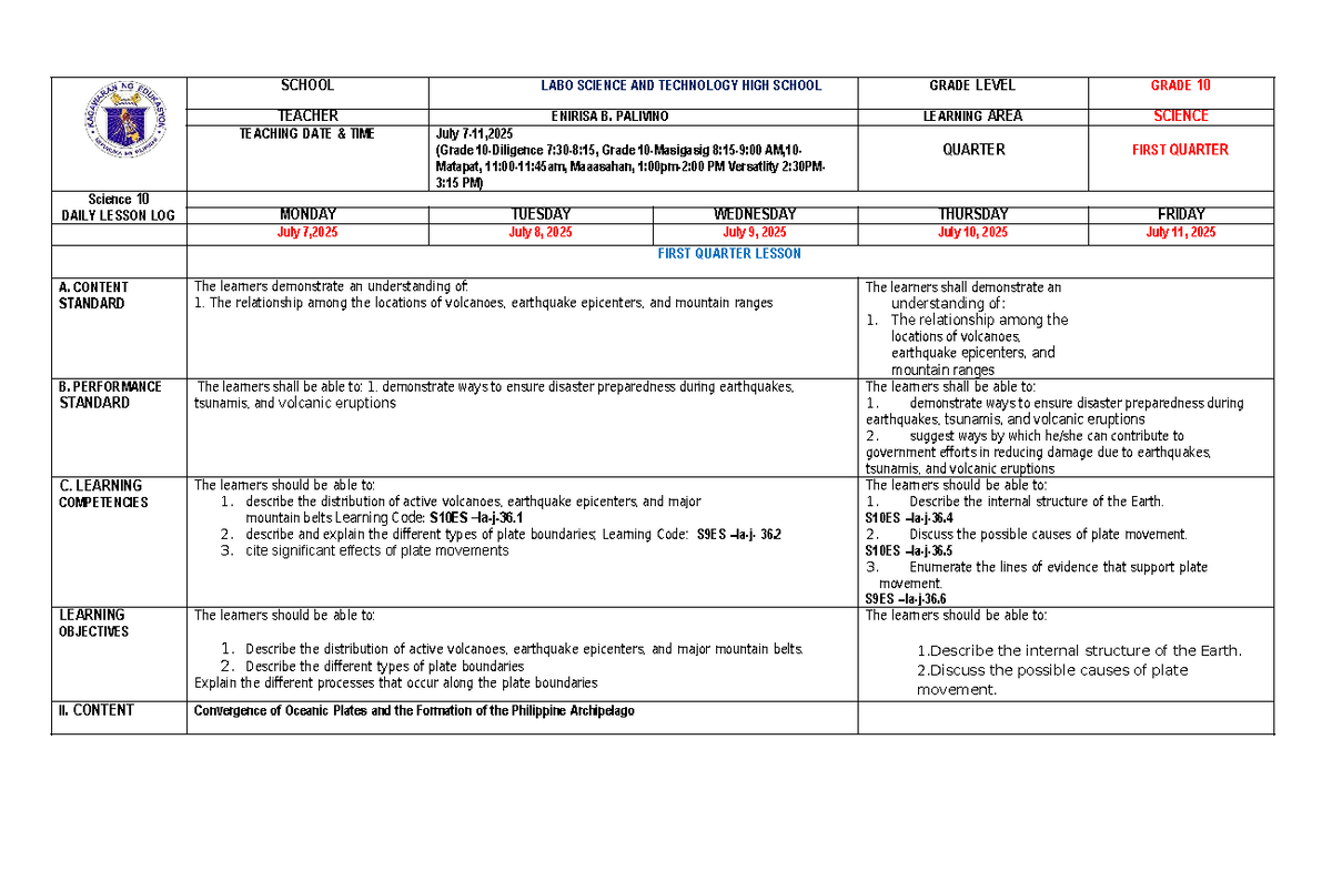 Daily Lesson Log: Science 10 - 1st Quarter (Week of July 7-11, 2025 ...