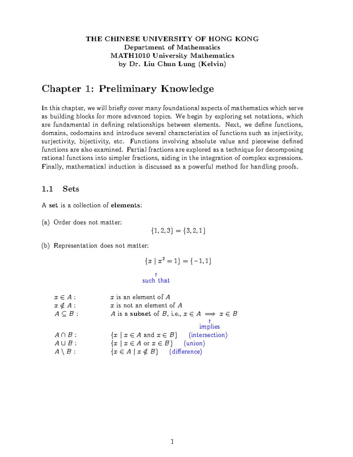 MATH1010 Chapter 1: Foundations of University Mathematics - Studocu