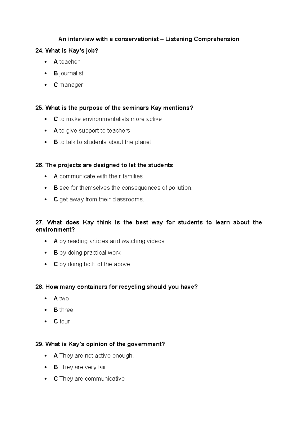 Listening Comprehension: Interview with a Conservationist (ENV 24 ...