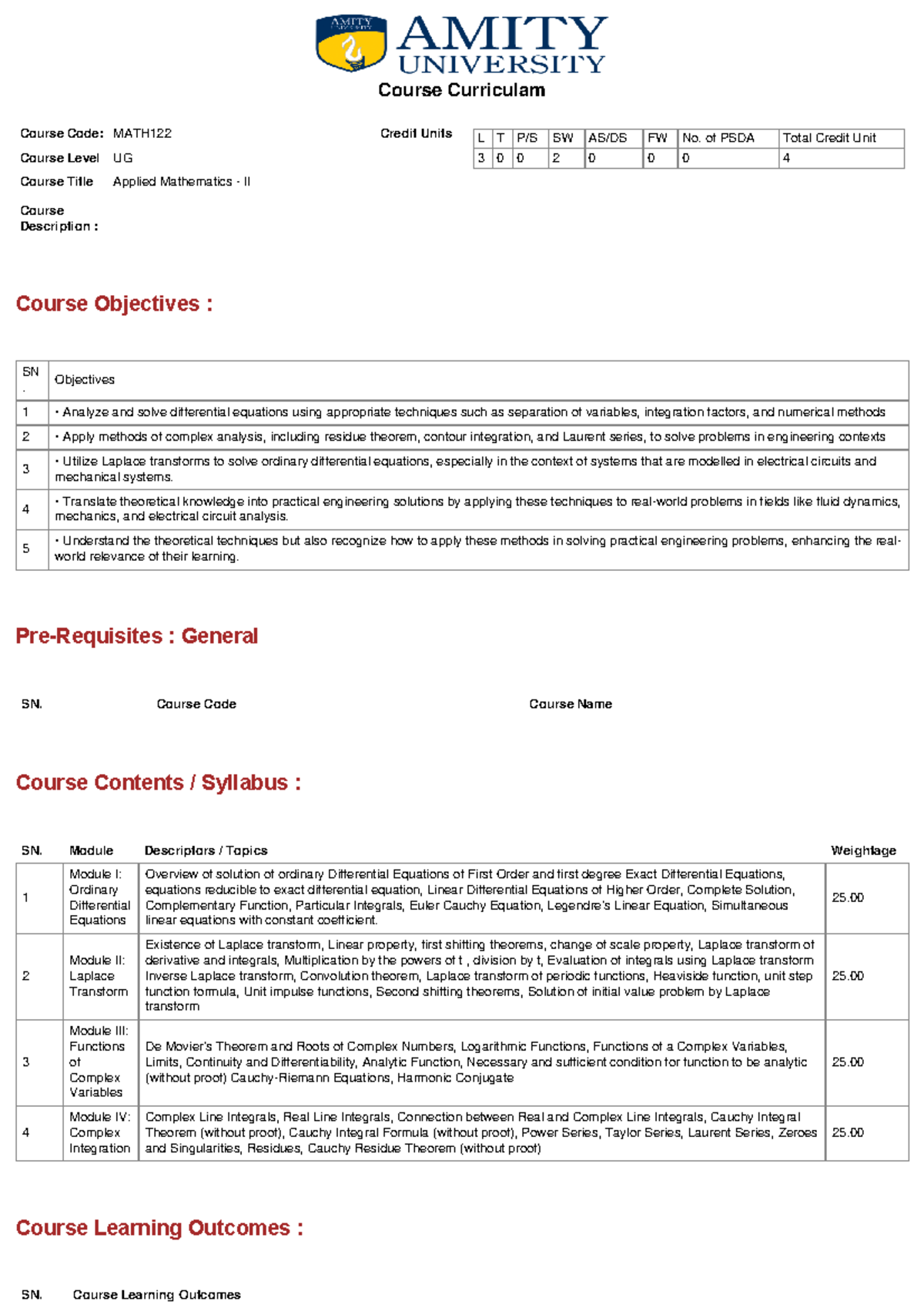 Applied Mathematics II Syllabus & Course Details - MATH122 - Studocu