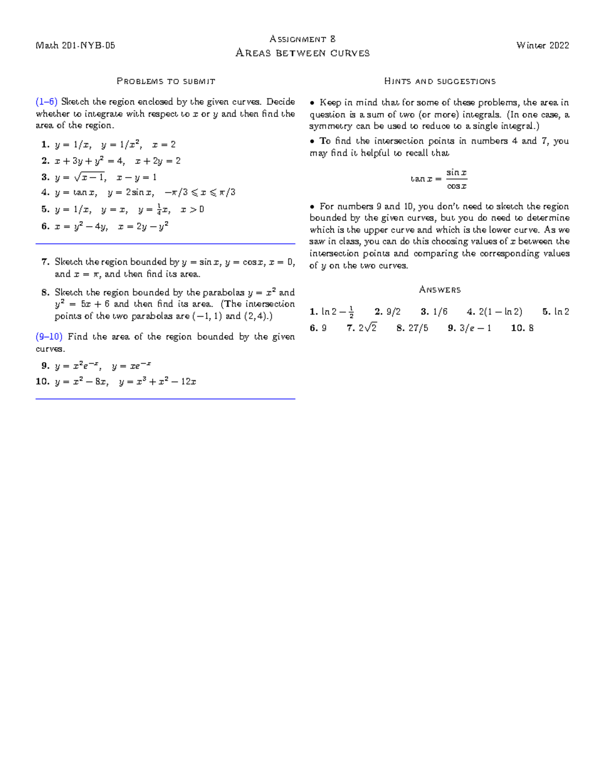 Assignment 08 - Practice - Math 201-NYB- Assignment 8 Areas between ...