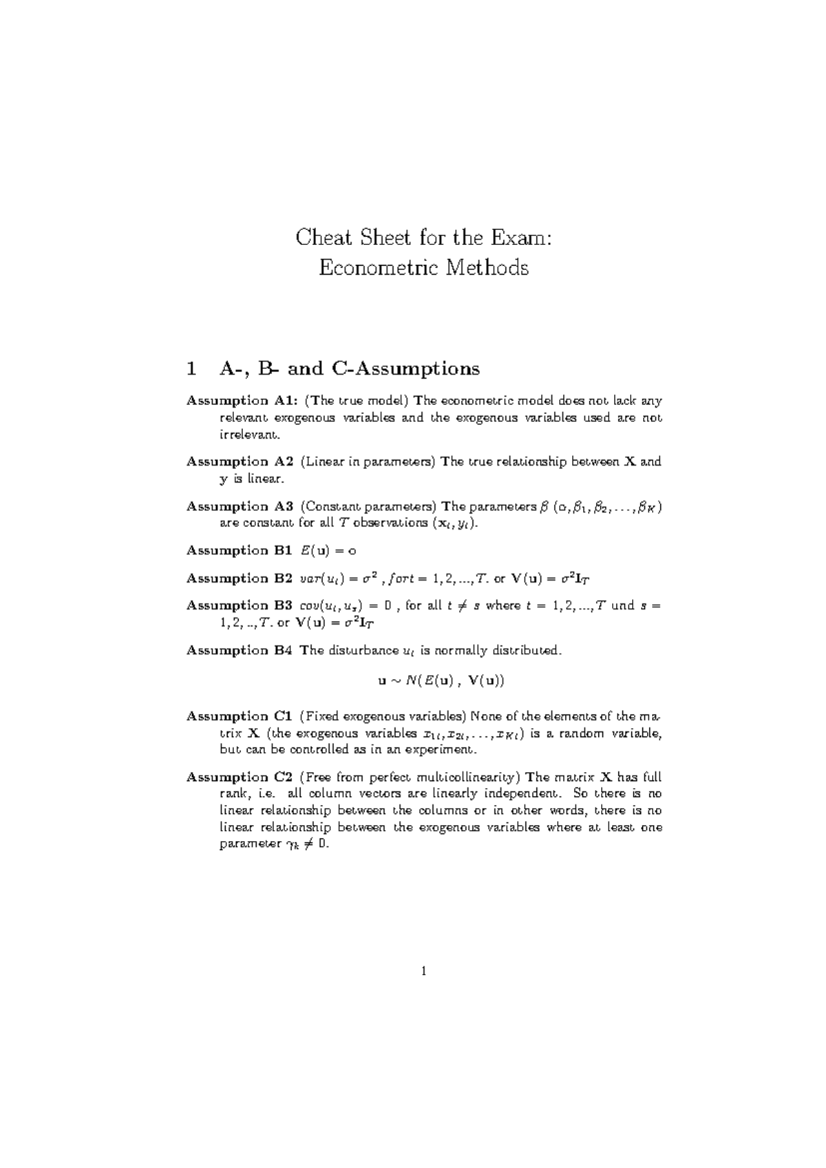 Econ 101: Final Exam Cheat Sheet on Econometric Methods - Studocu