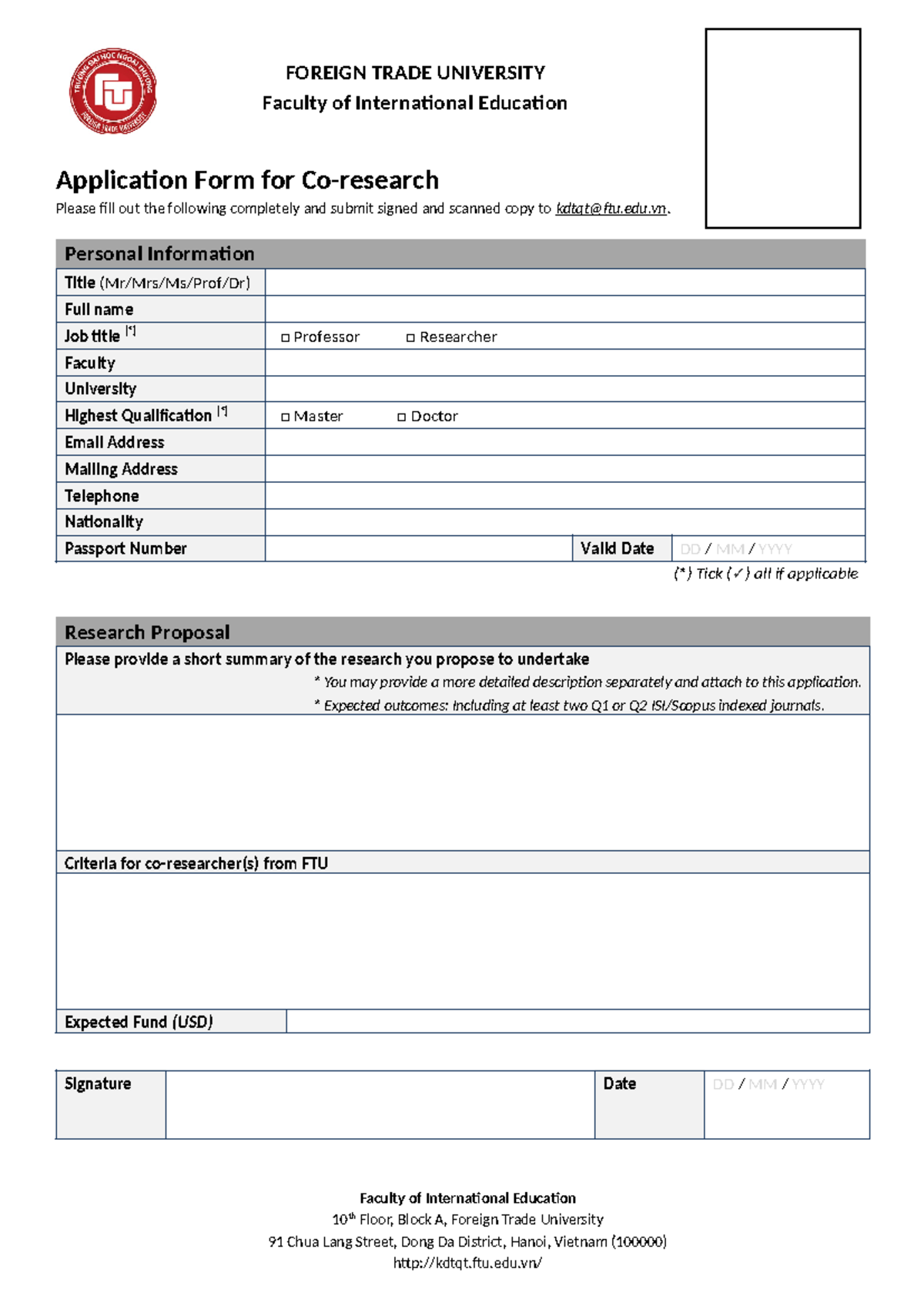 FTU Application Form for Co-Research Collaboration - Studocu