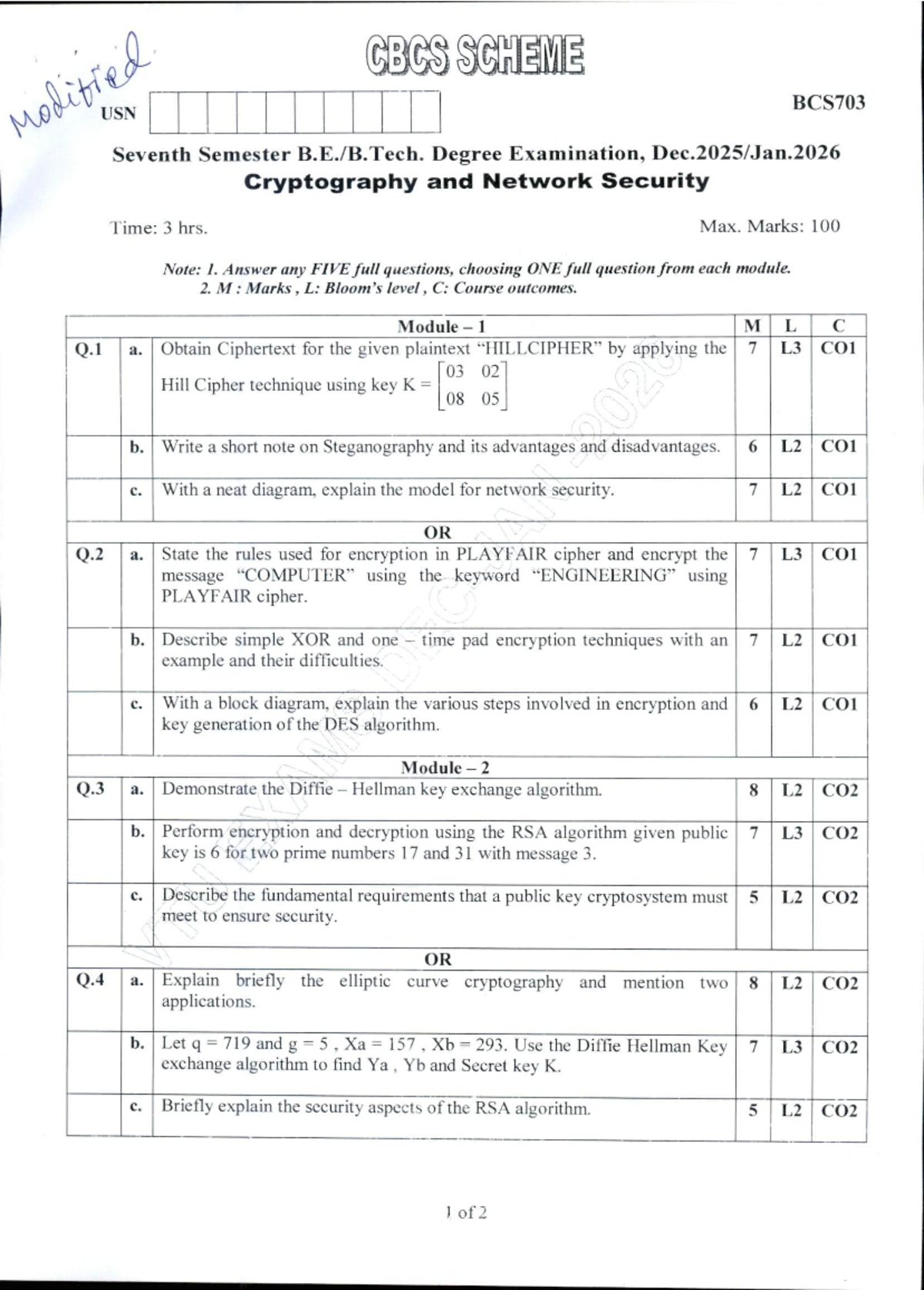 SCH BCS703 - Cryptography and Network Security Exam Notes - Studocu