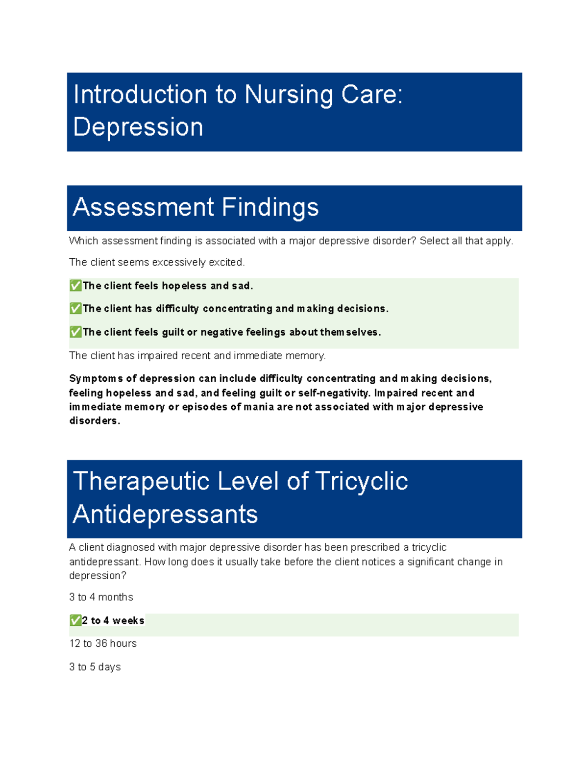 Week 4 NR326: Major Depressive Disorder Assessment and Nursing Care ...