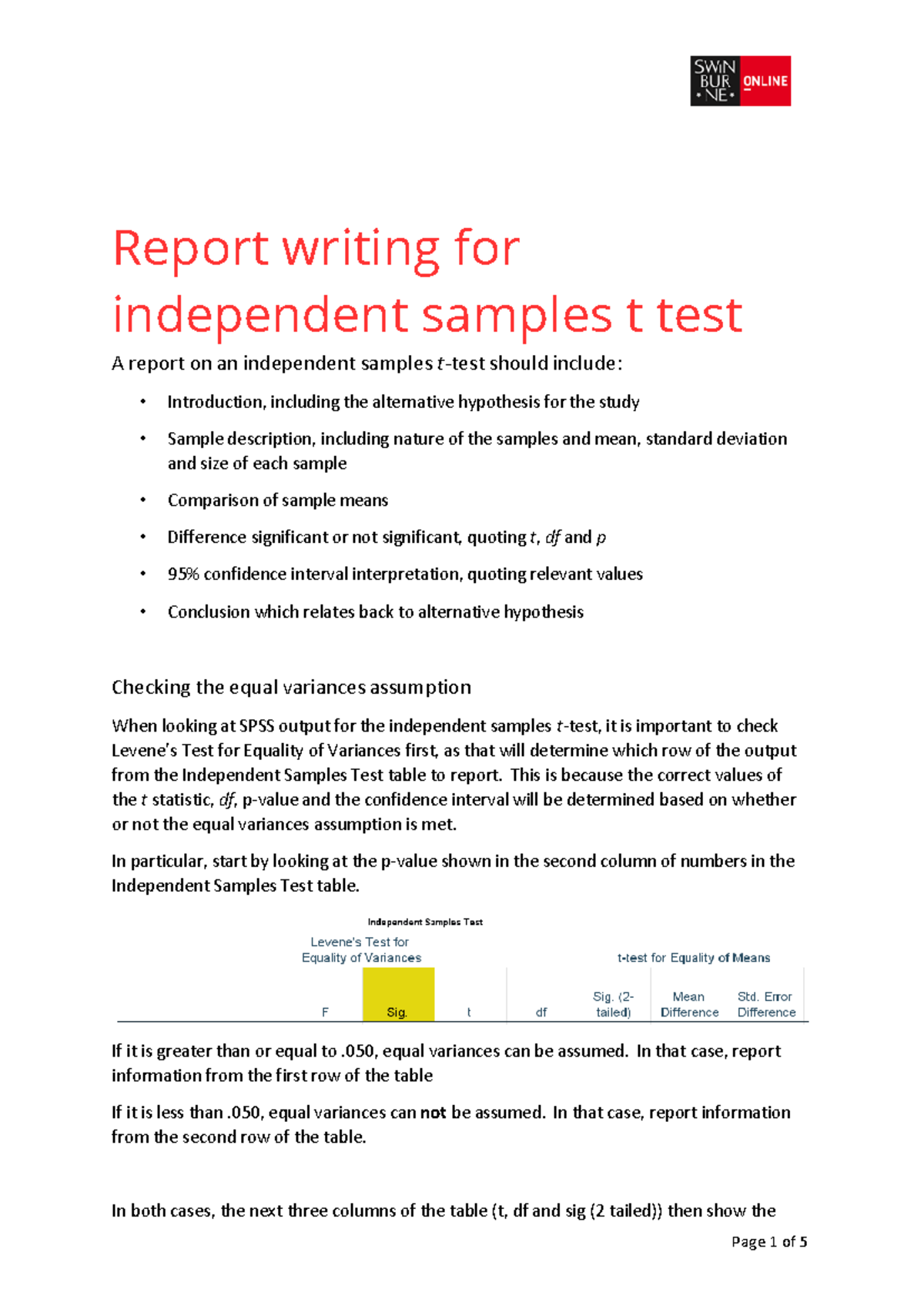 Report Writing Guide for Independent Samples t-Test Analysis - Studocu