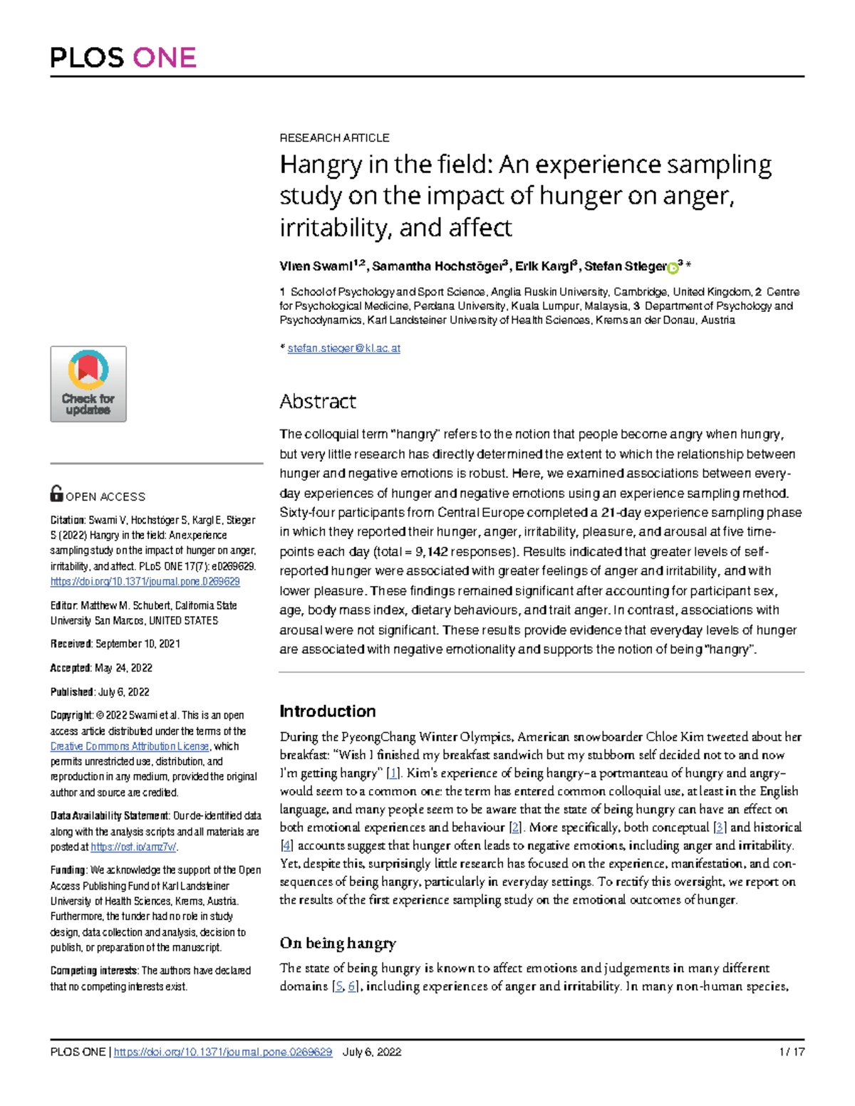 PLOS ONE Research: The Impact of Hunger on Anger and Irritability - Studocu