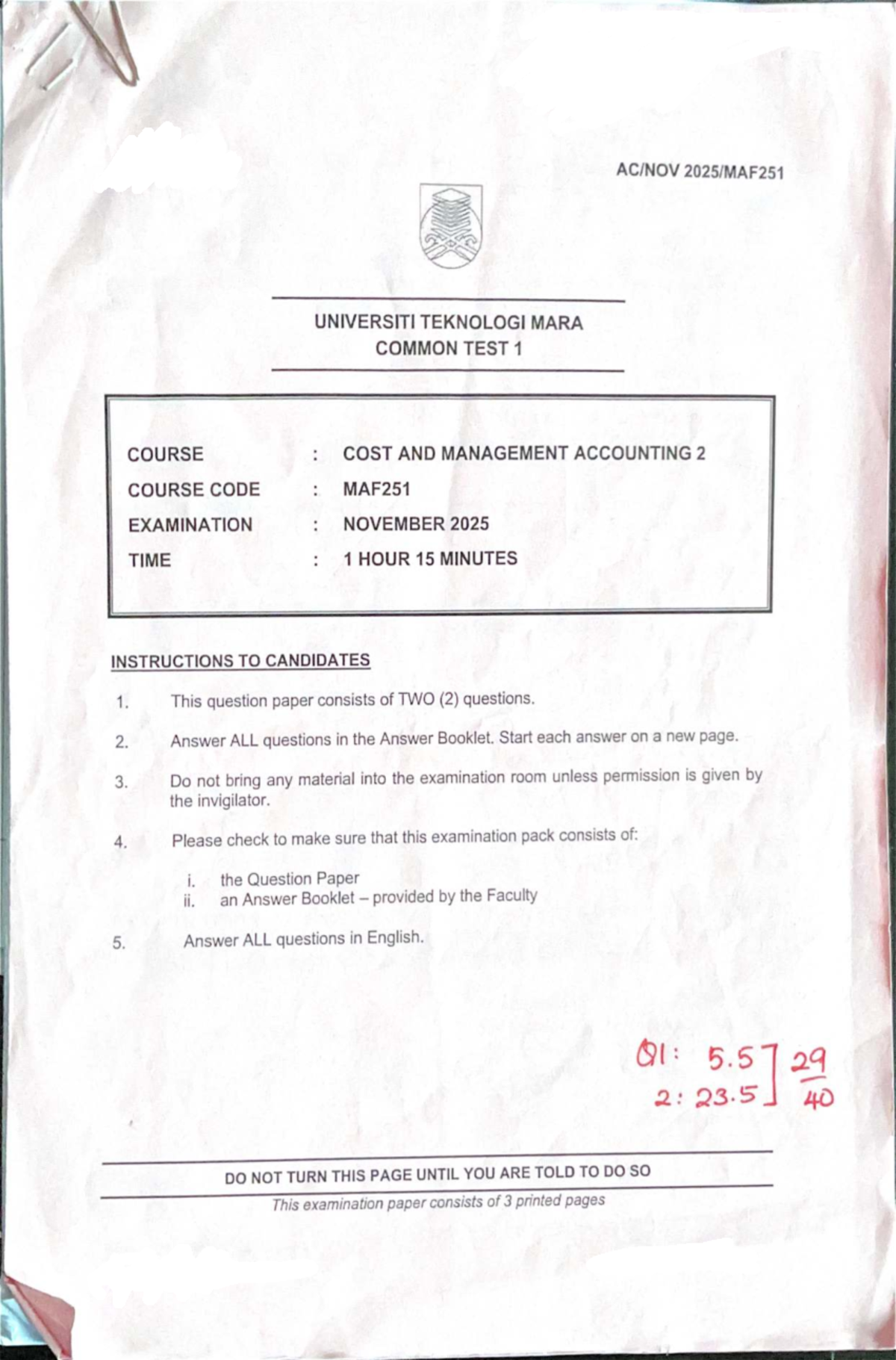 CT MAF251 Common Test 1 - Cost and Management Accounting Notes - Studocu