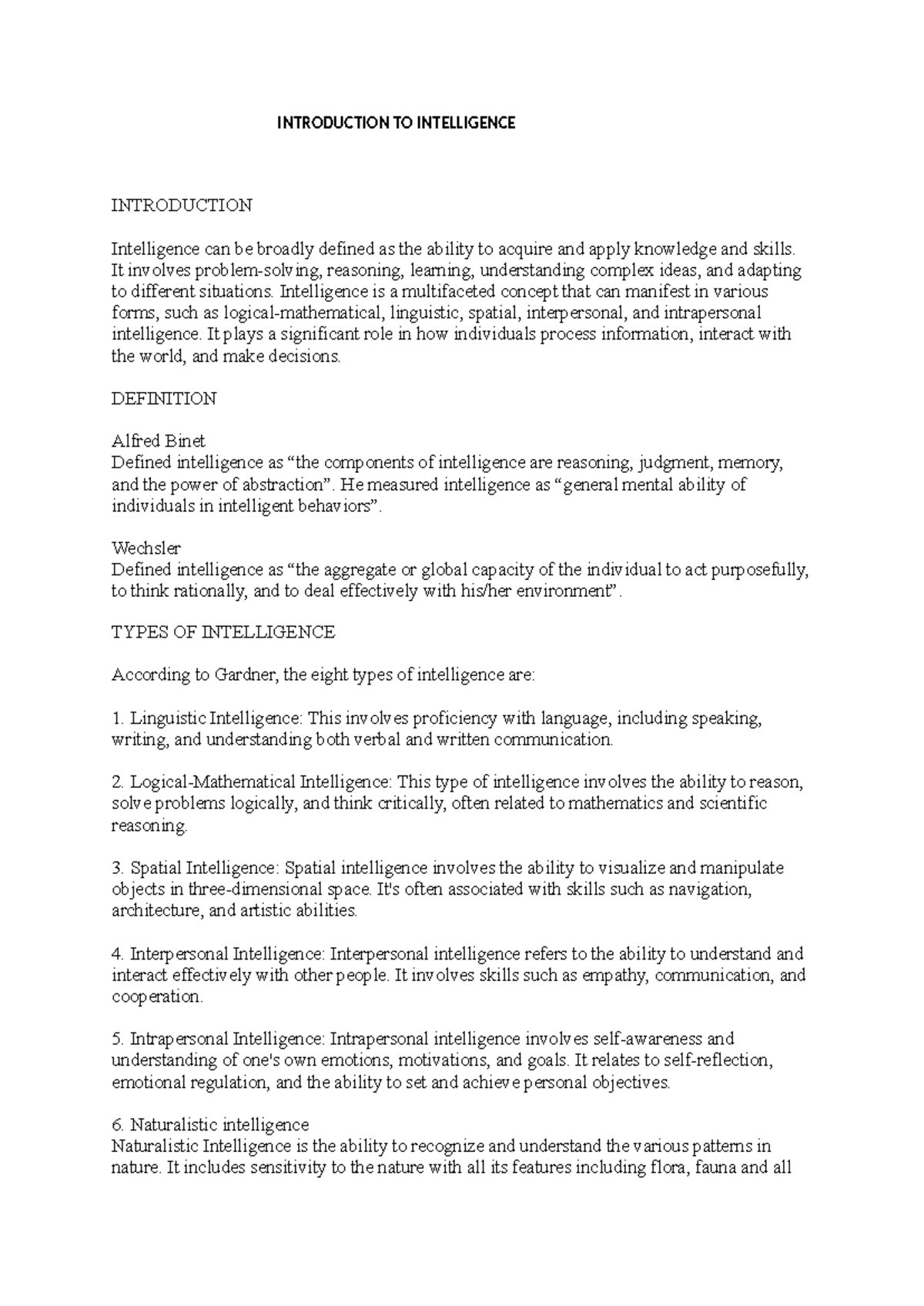 Intro to intelligence - none - INTRODUCTION TO INTELLIGENCE ...