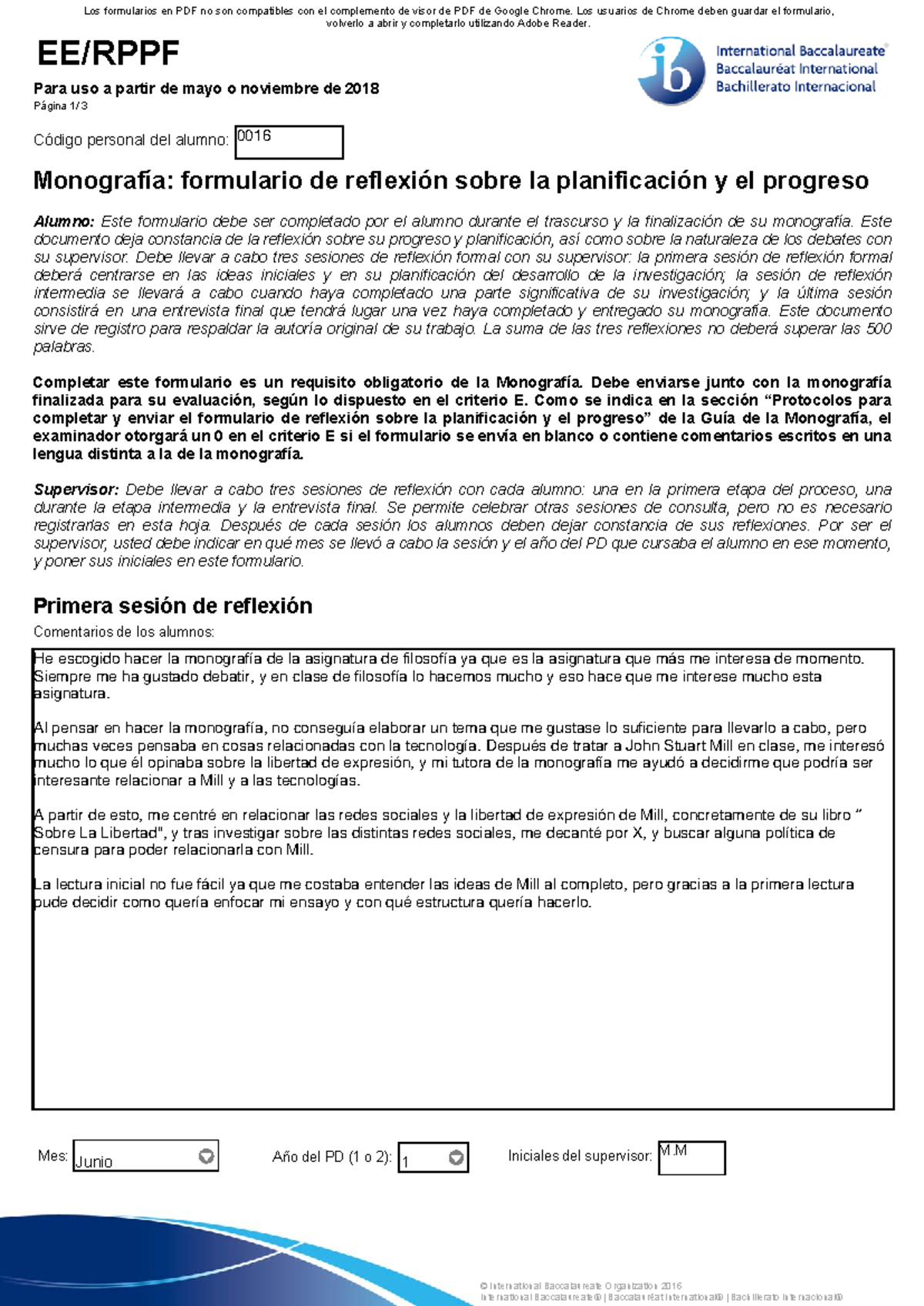 Formulario de Reflexión para Monografía - EE/RPPF (2018) - Studocu