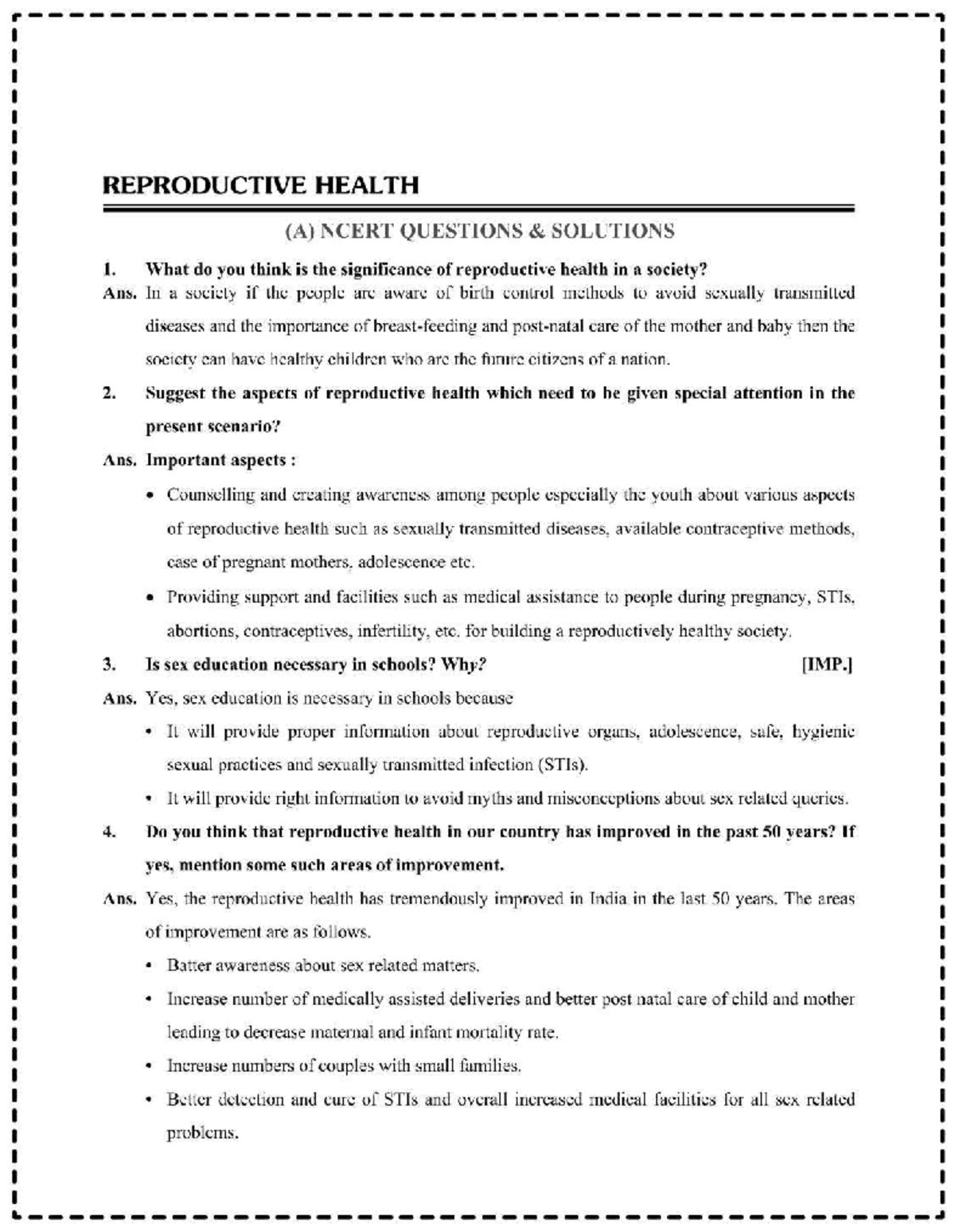 Reproductive Health (A) NCERT: Key Questions & Solutions - Studocu