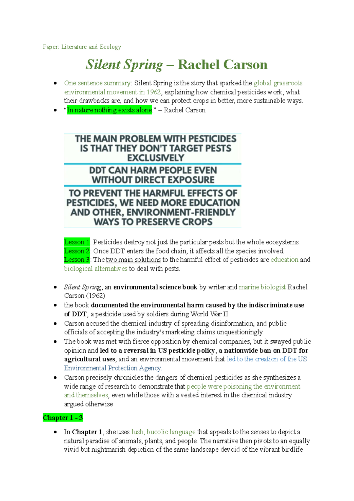 Silent Spring (ENV 101) Lecture Notes: Rachel Carson's Ecological ...