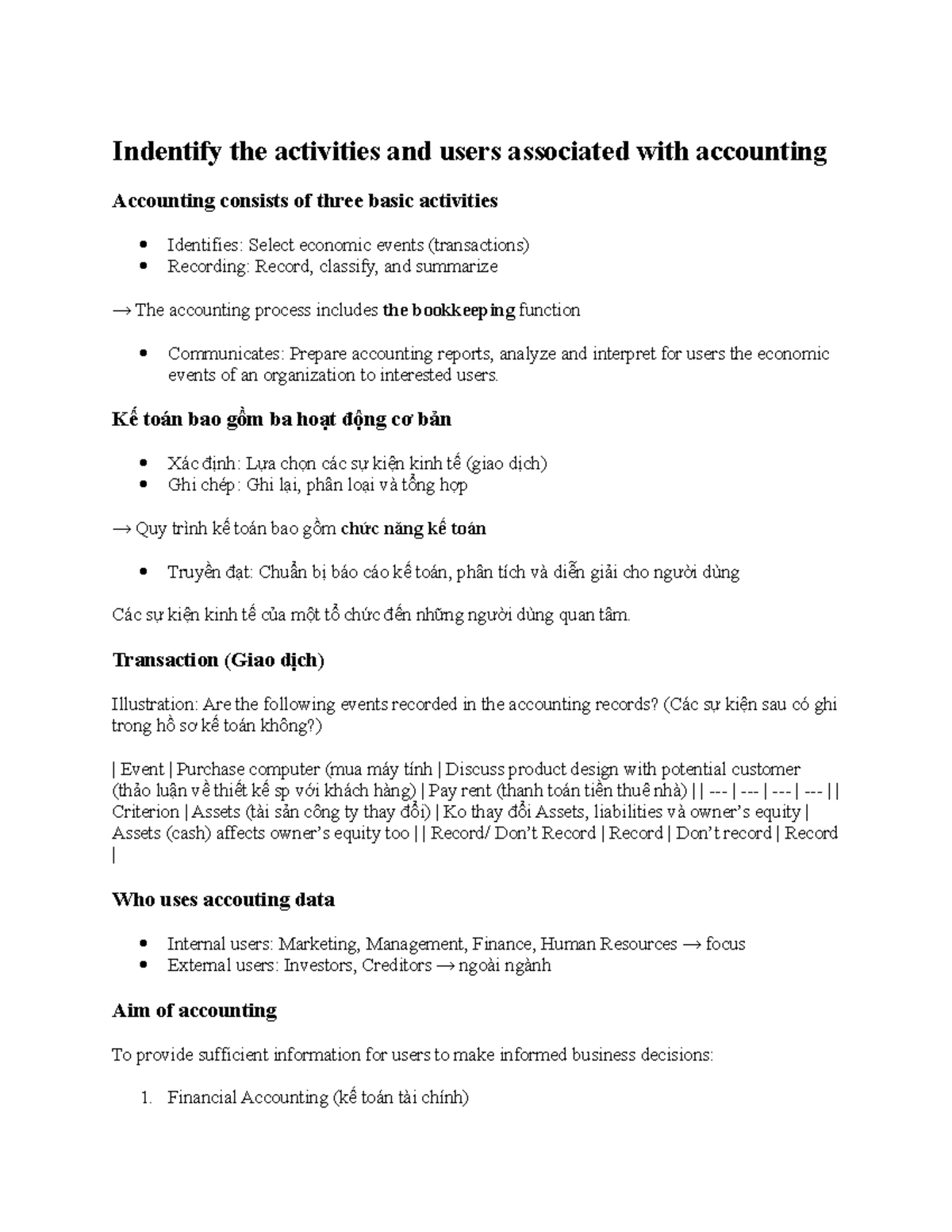 Chapter 1 - Introduction to Accounting Activities and Users - Studocu