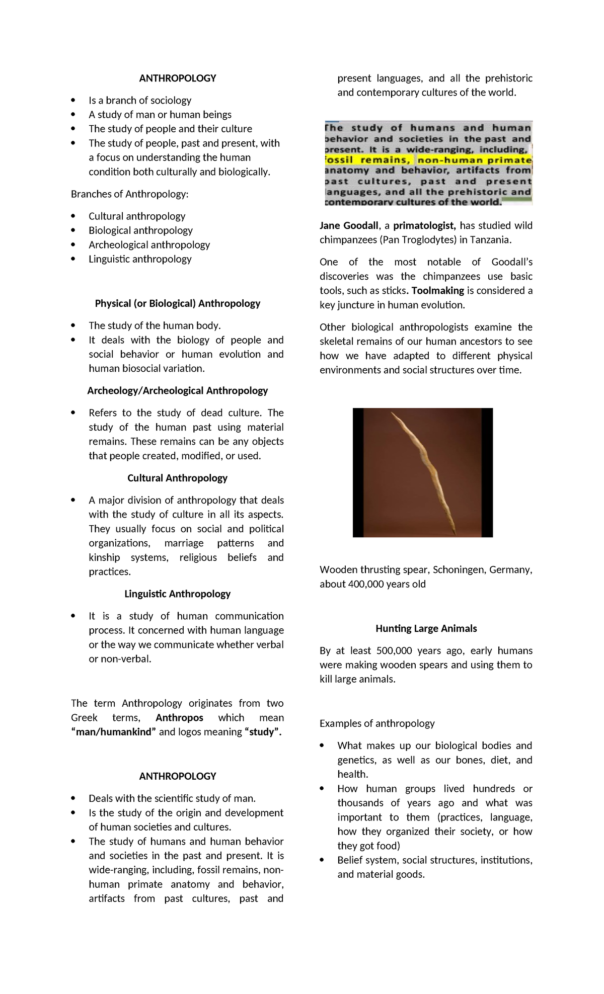 USCP Notes 1 - ANTHROPOLOGY Is a branch of sociology A study of man or ...