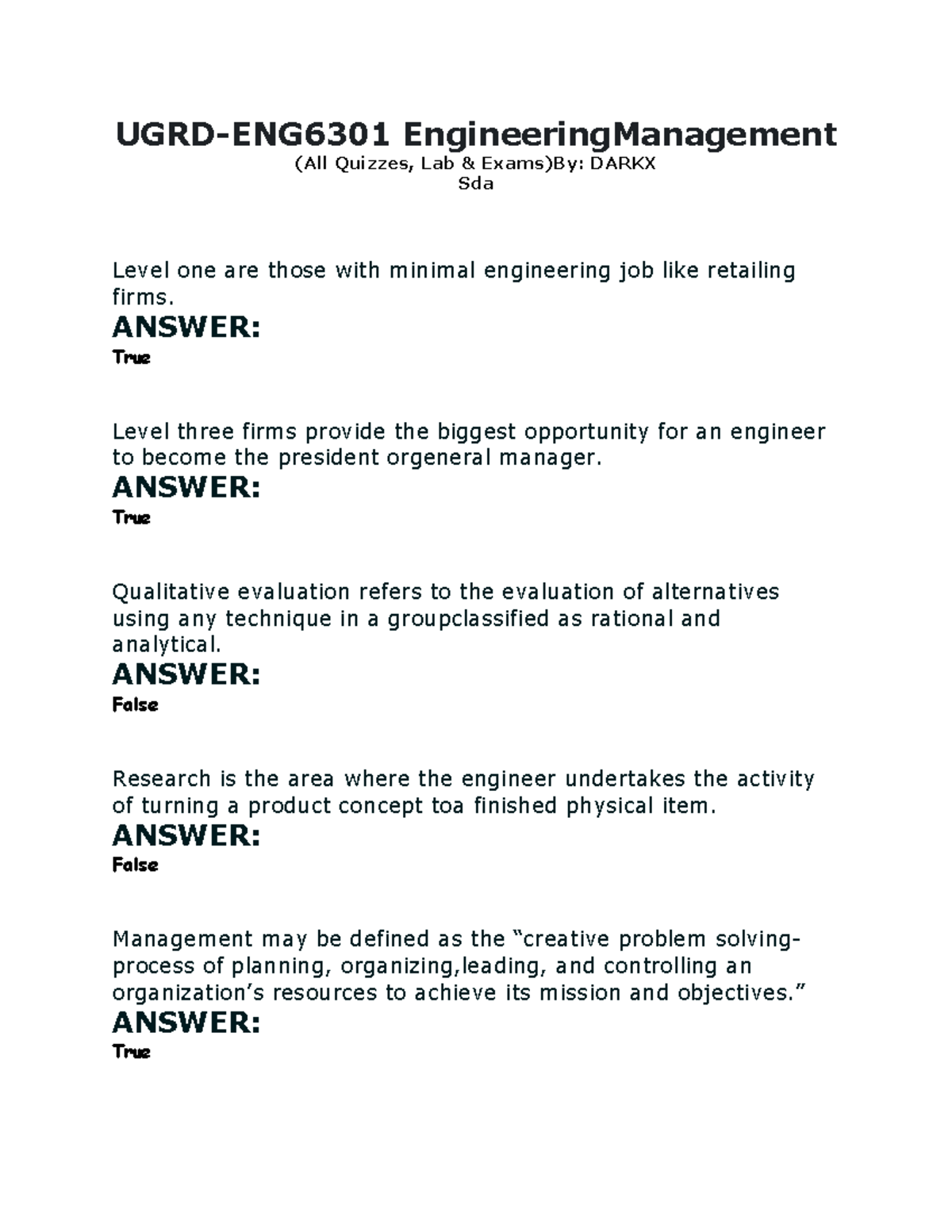 UGRD-ENG6301 Engineering Management Prelim Review for Finals - Studocu
