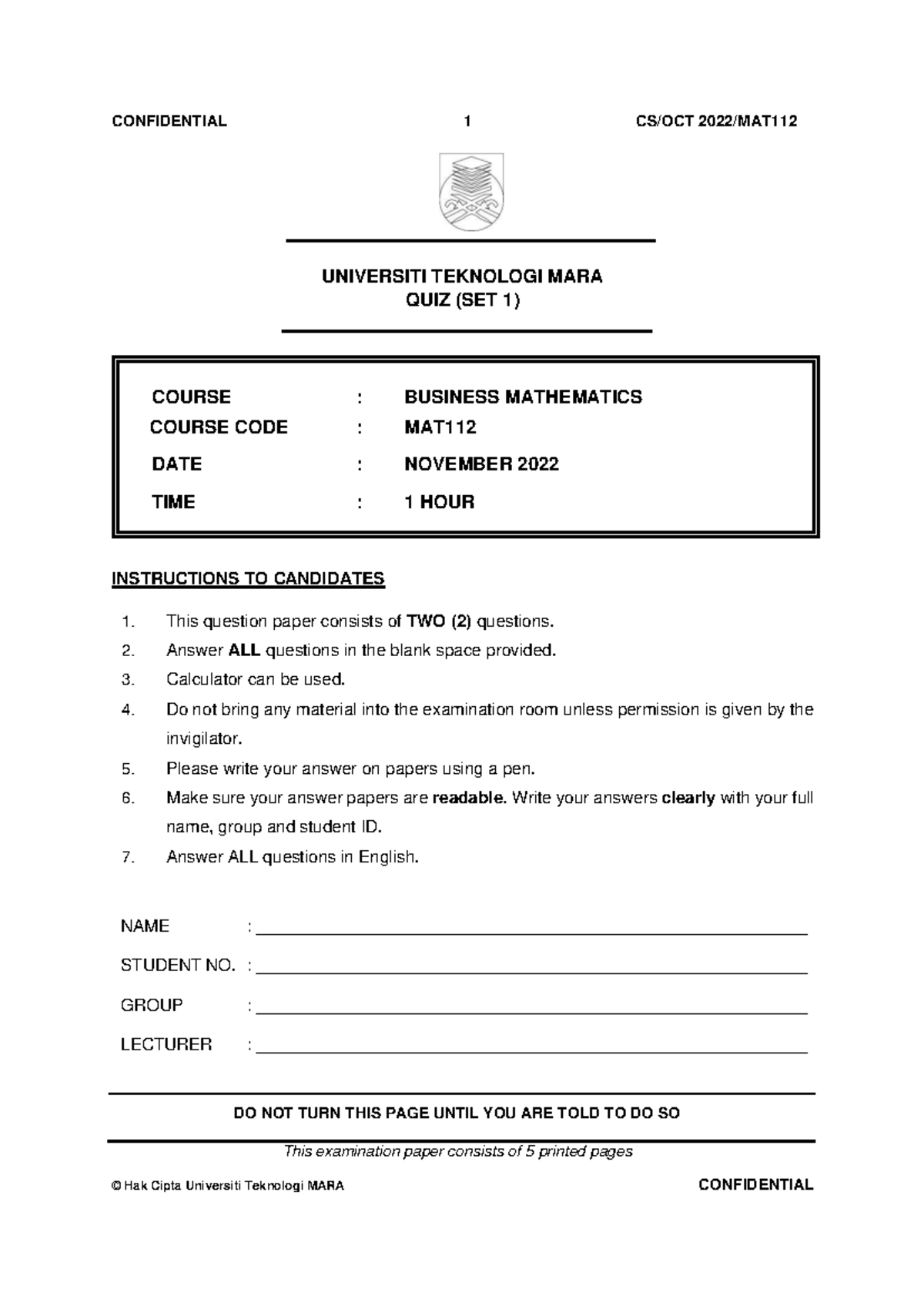 SET 1 Quiz Questions MAT112 (Nov 2022) - Business Mathematics - Studocu