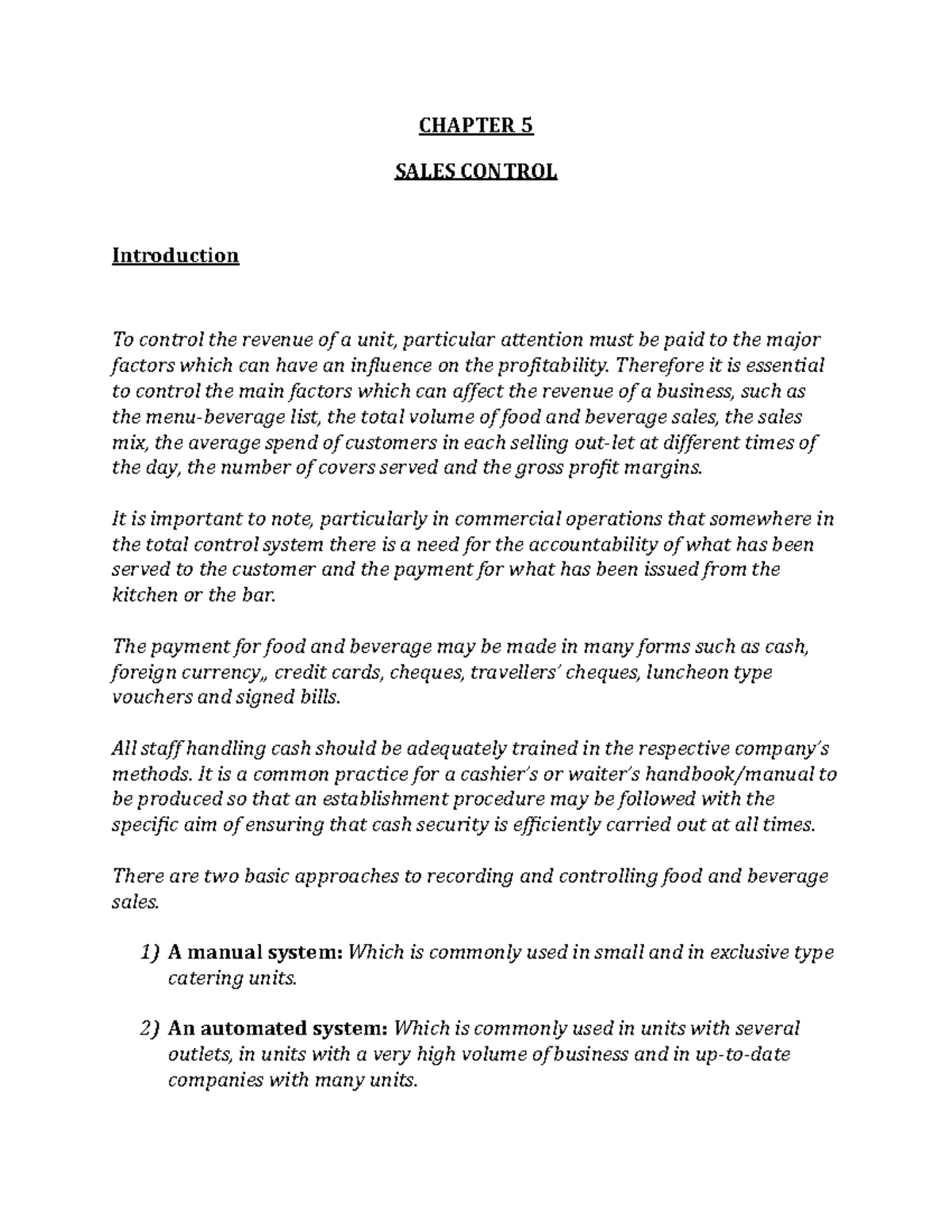 Sales control - Lecture notes. - CHAPTER 5 SALES CONTROL Introduction ...