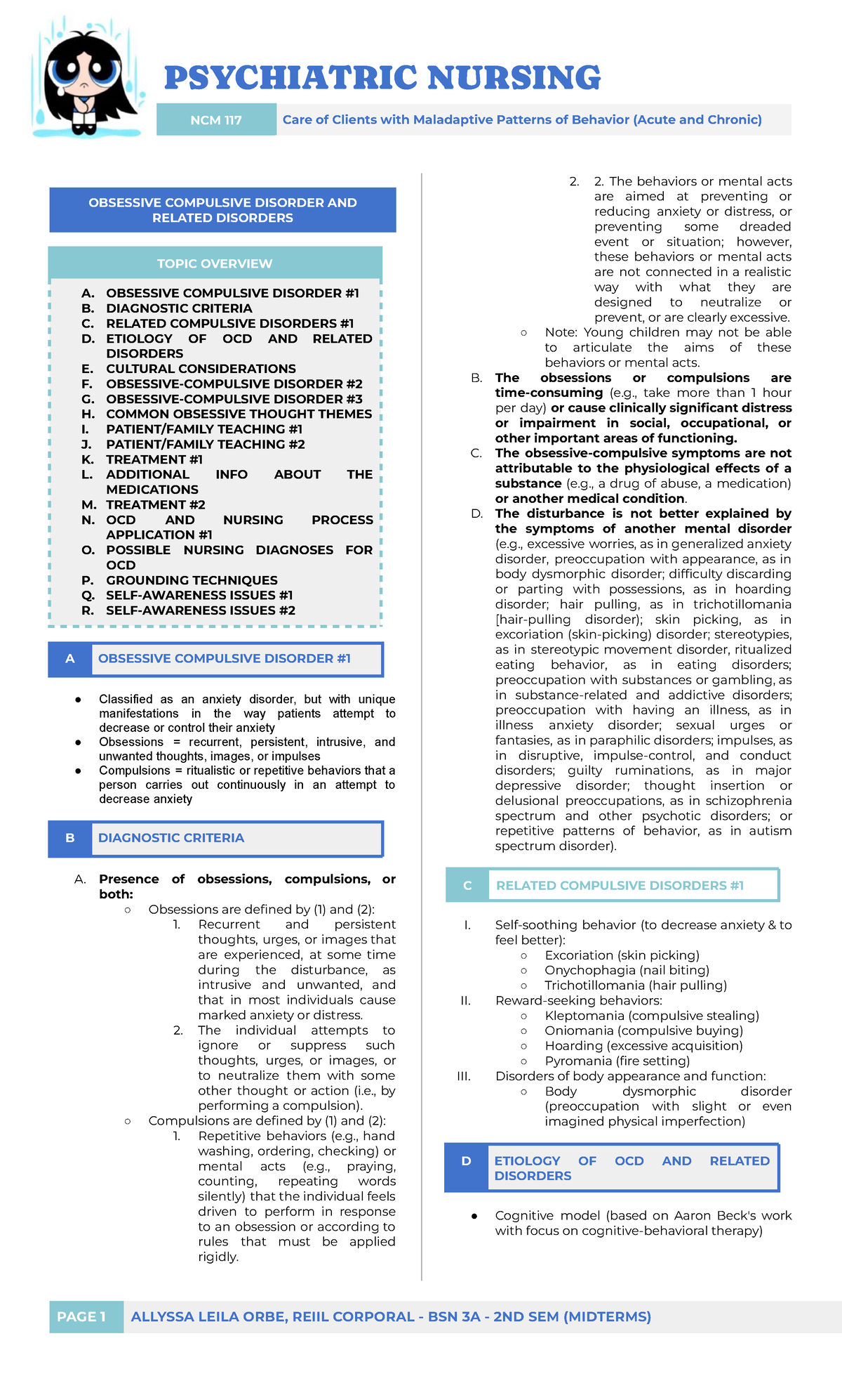 PSYCHIATRIC NURSING NCM 117 Midterm Study Guide: OCD, PTSD ...