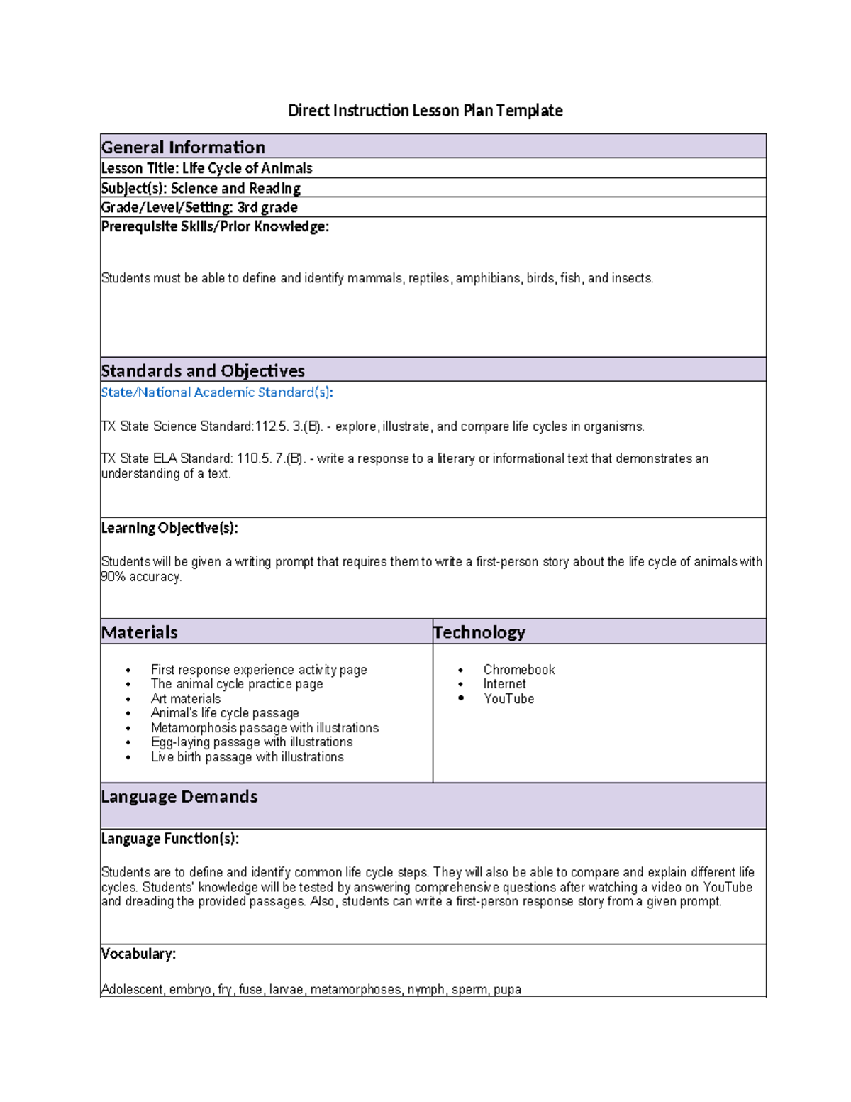 Math lesson plan with vocabulary task 1 - Direct Instruction Lesson ...