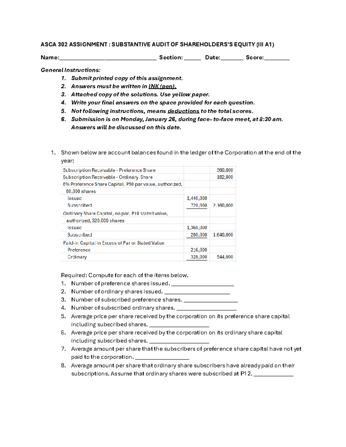 ASCA 302 ASSY III A1: Substantive Audit of Equity Analysis - Studocu