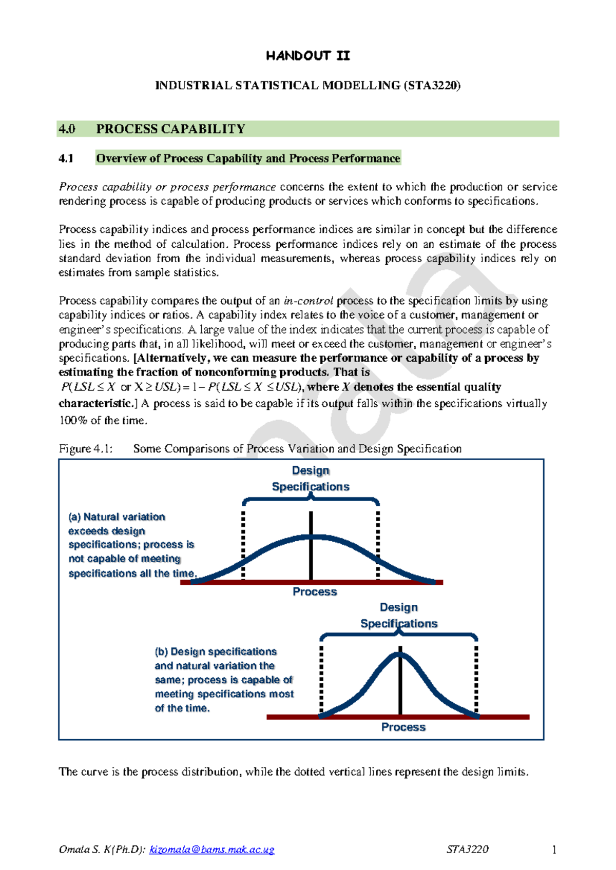 Handout II STA3220 - Lecture Notes on Process Capability in Statistical ...