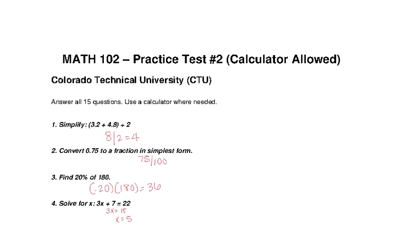 MATH 102 Practice Test 2 (Calculator Allowed) - CTU - Studocu
