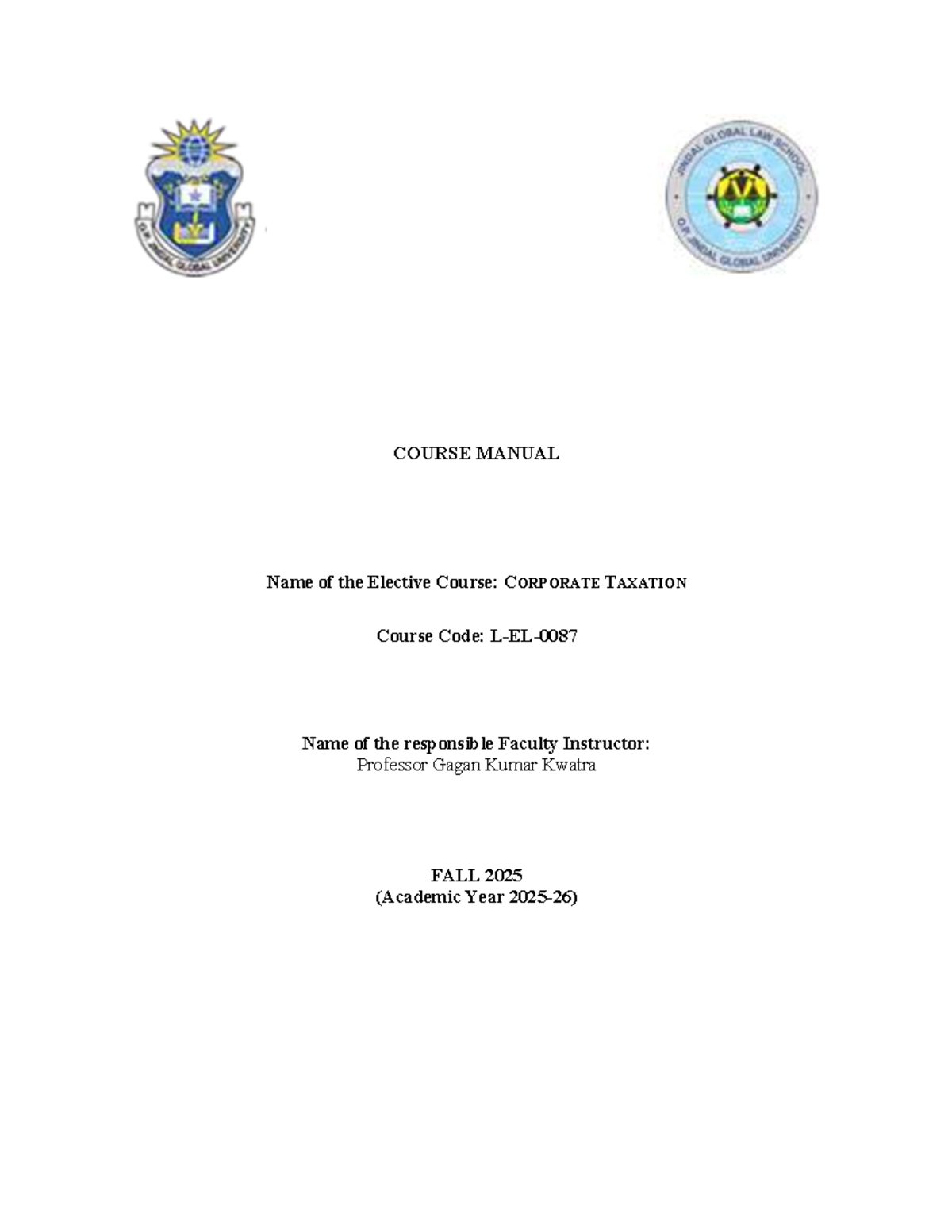 Course Manual: Corporate Taxation (Course Code: Fall 2025) - Studocu