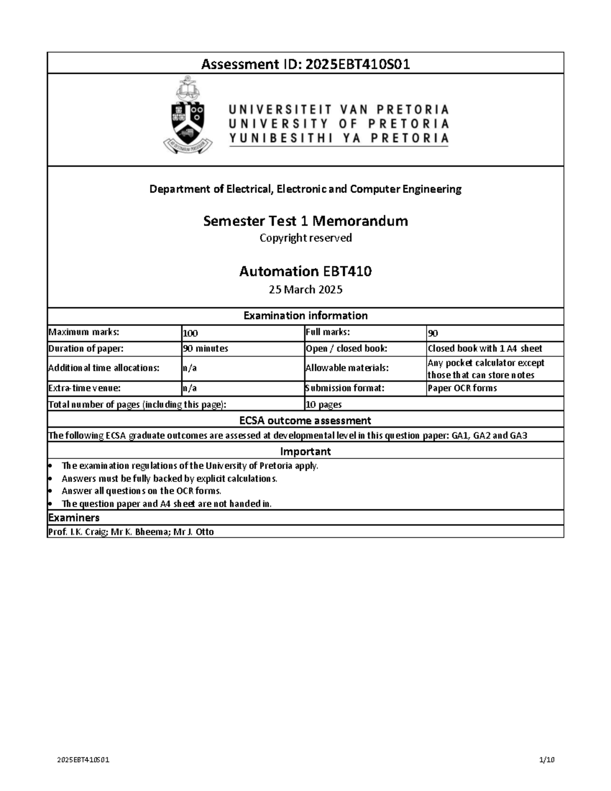 EBT410 S01 2025 Semester Test 1 Memorandum and Solutions - Studocu