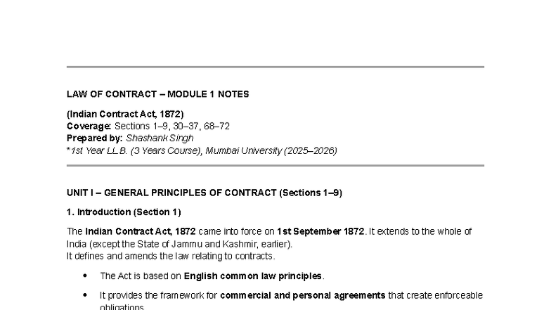LAW OF CONTRACT LL.B. (3Y) MODULE 1 NOTES: Indian Contract Act, 1872 ...