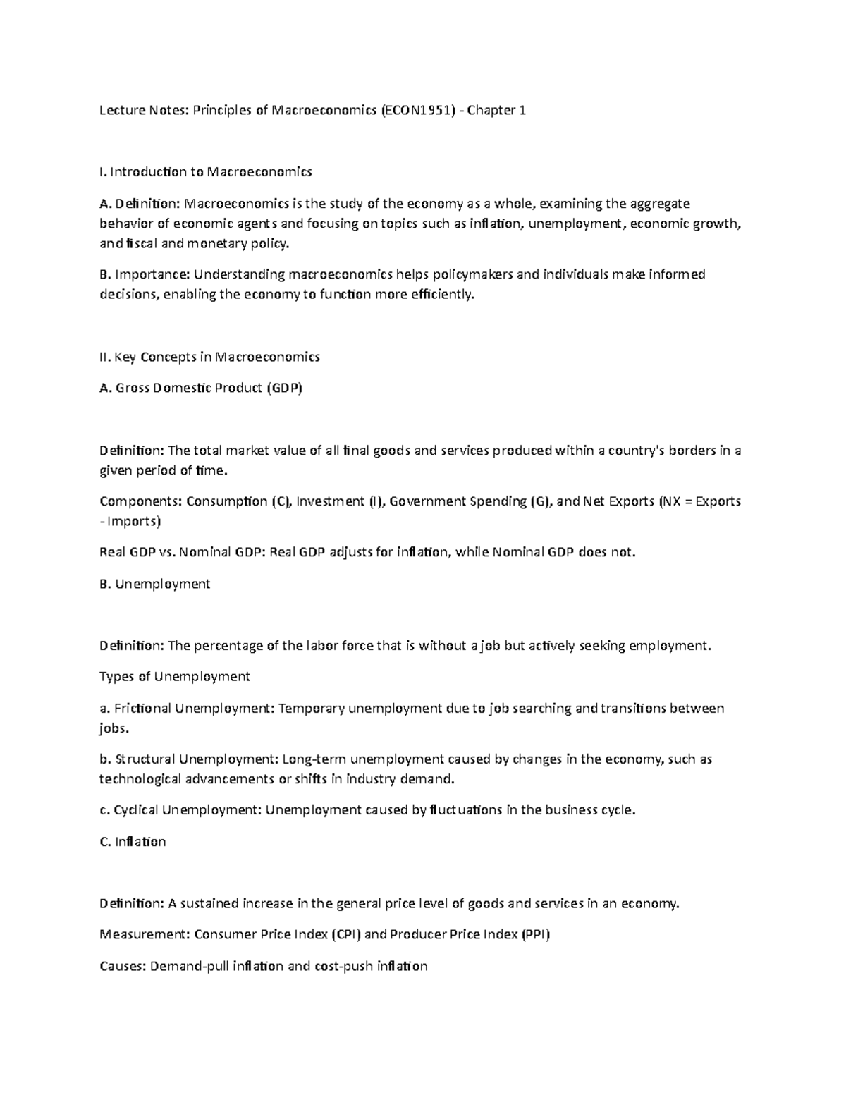 Macro chapter 1 - Lecture Notes: Principles of Macroeconomics (ECON1951 ...