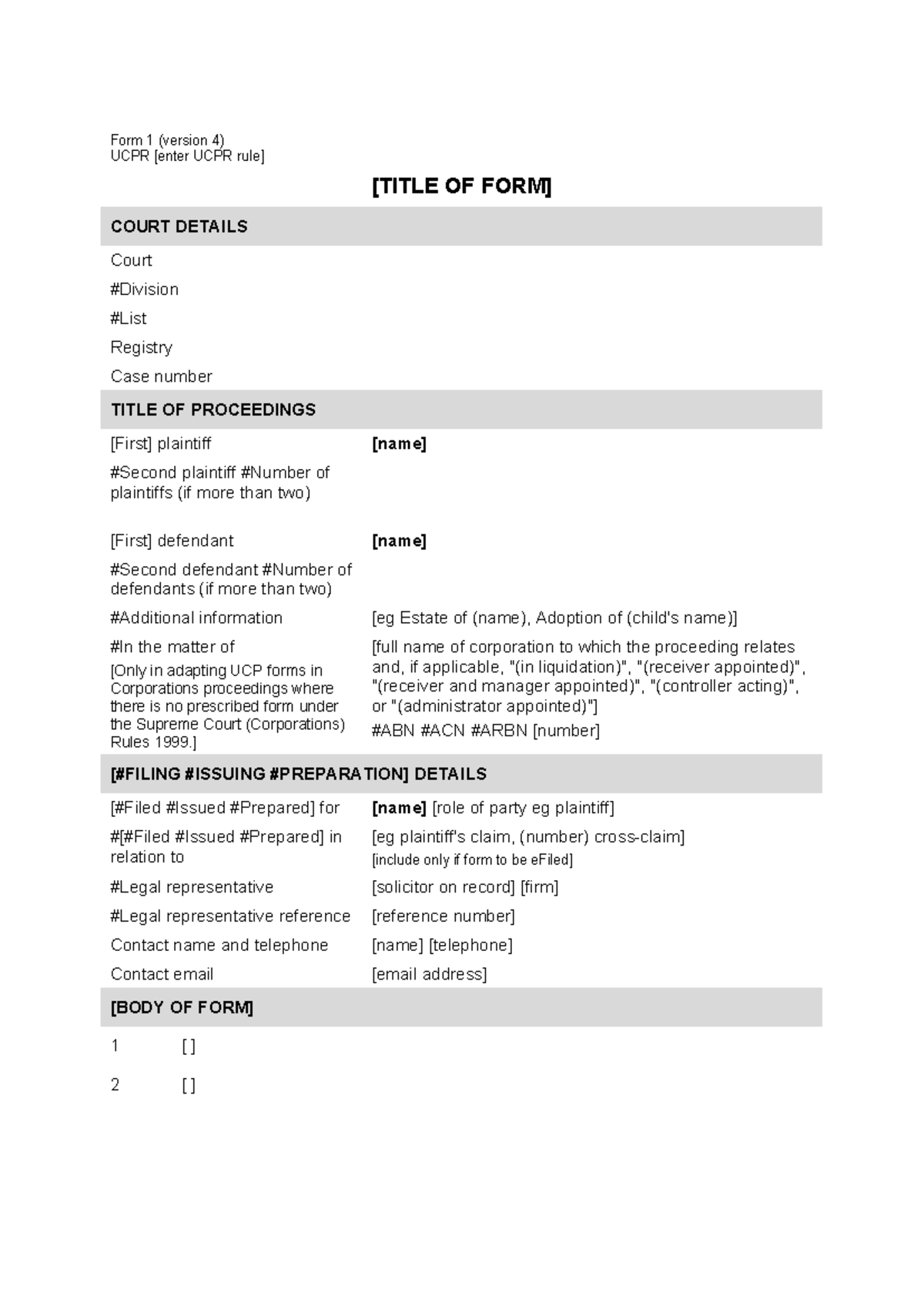 UCPR Form 1 v4 - Court Details & Proceedings Template - Studocu