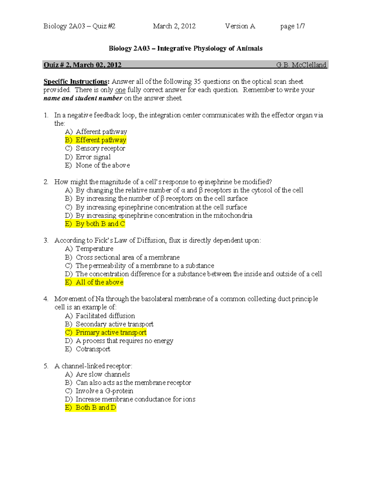 Exam 2012, questions and answers - Biology 2A03 Quiz March 2, 2012 ...