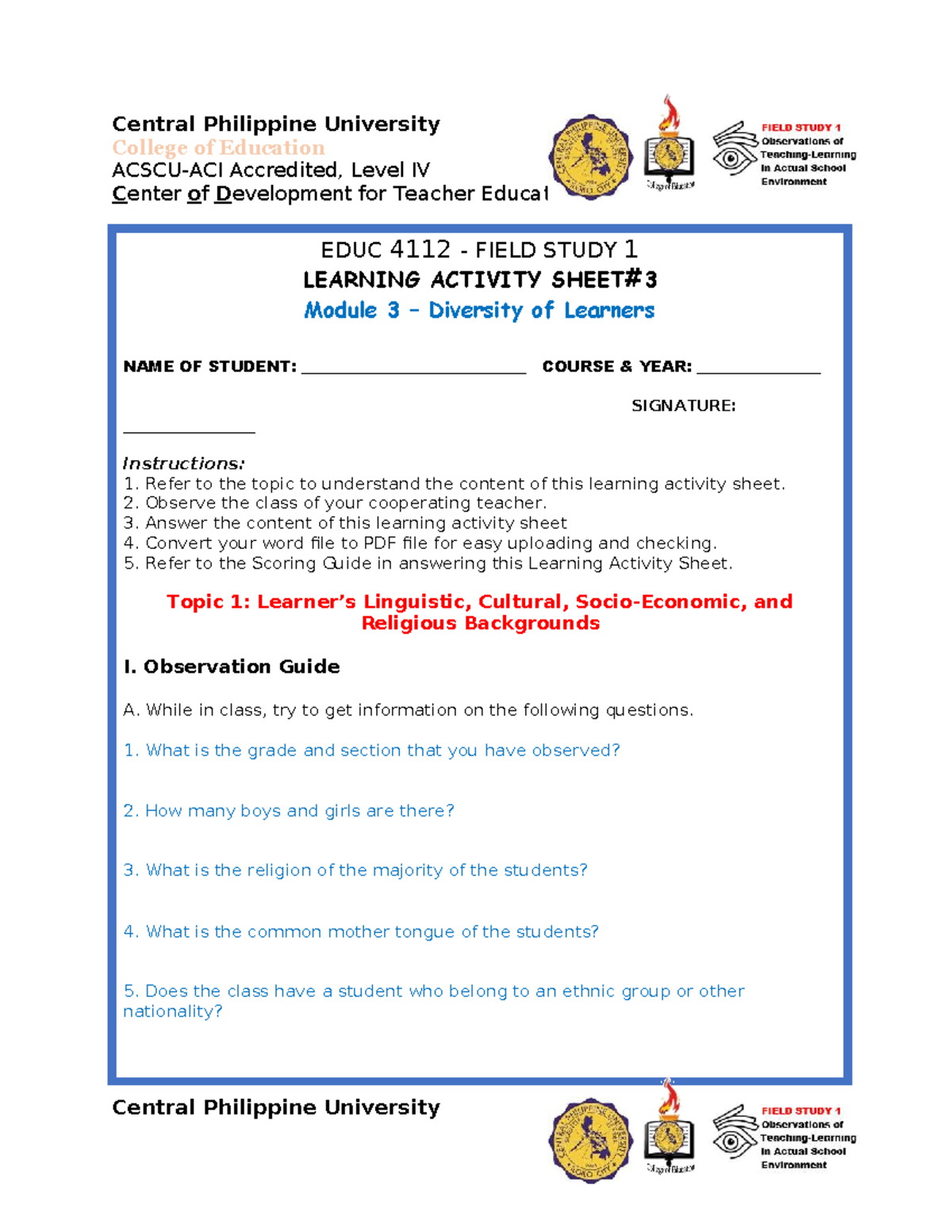 EDUC 4112 FIELD STUDY 1: Learning Activity Sheet Module 3 - Studocu