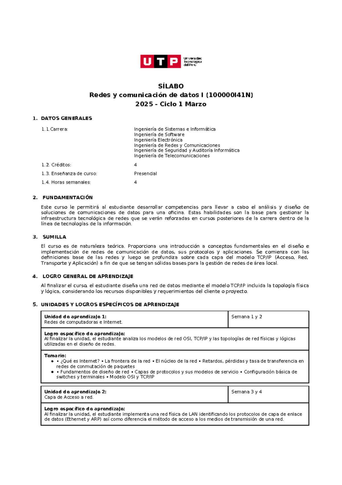 Sílabo I41N Redes y Comunicación de Datos I - Ciclo 1 2025 - Document Preview