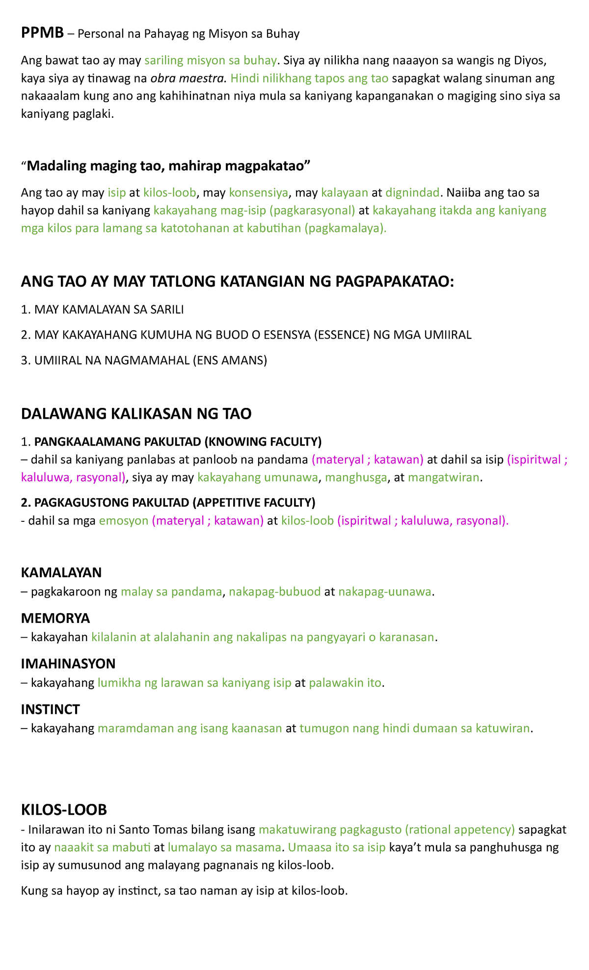 PPMB Esp Reviewer: Personal na Pahayag ng Misyon sa Buhay - Studocu