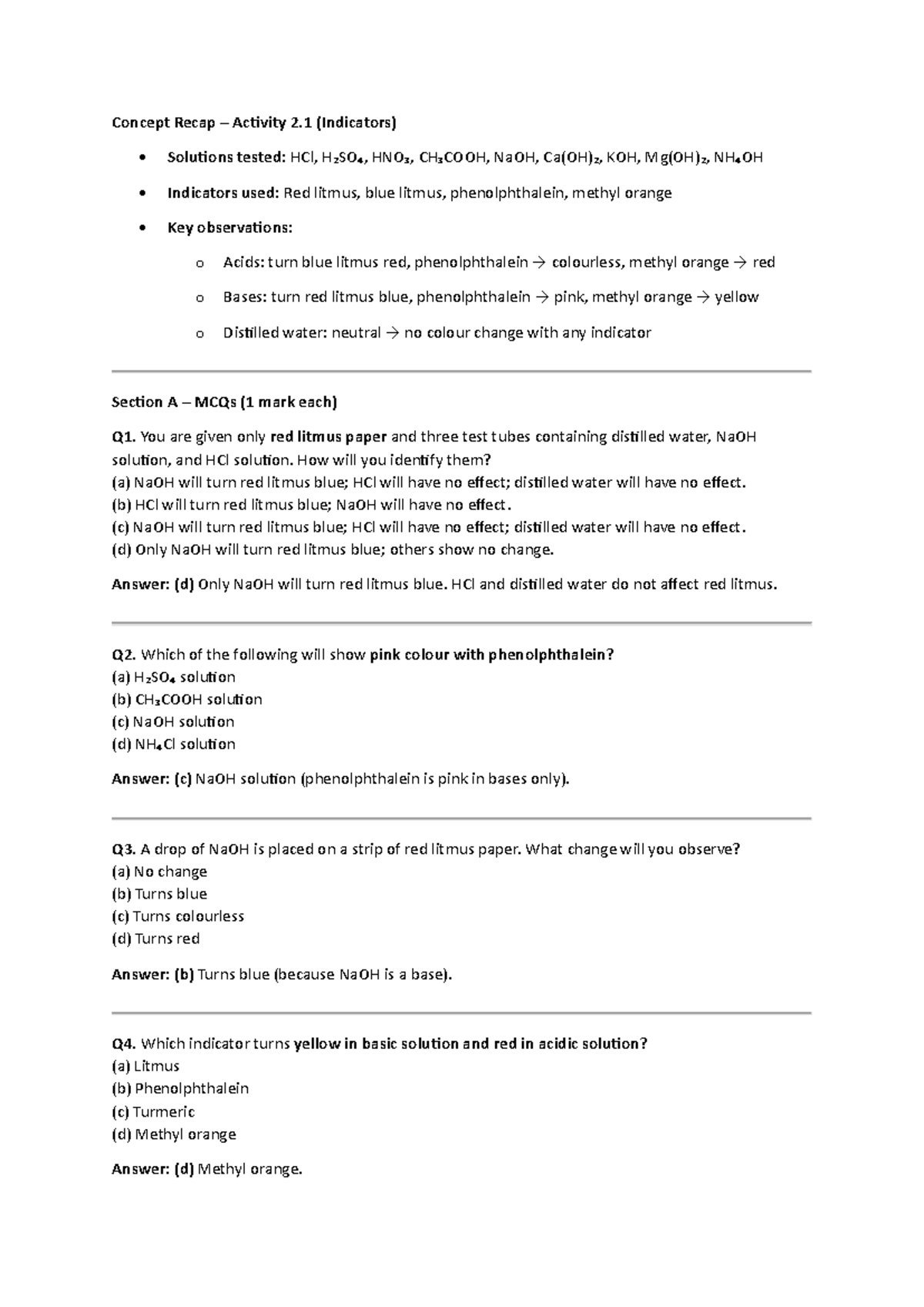 Concept Recap Activity 2.1 to 2.9 Solutions and Observations - Studocu