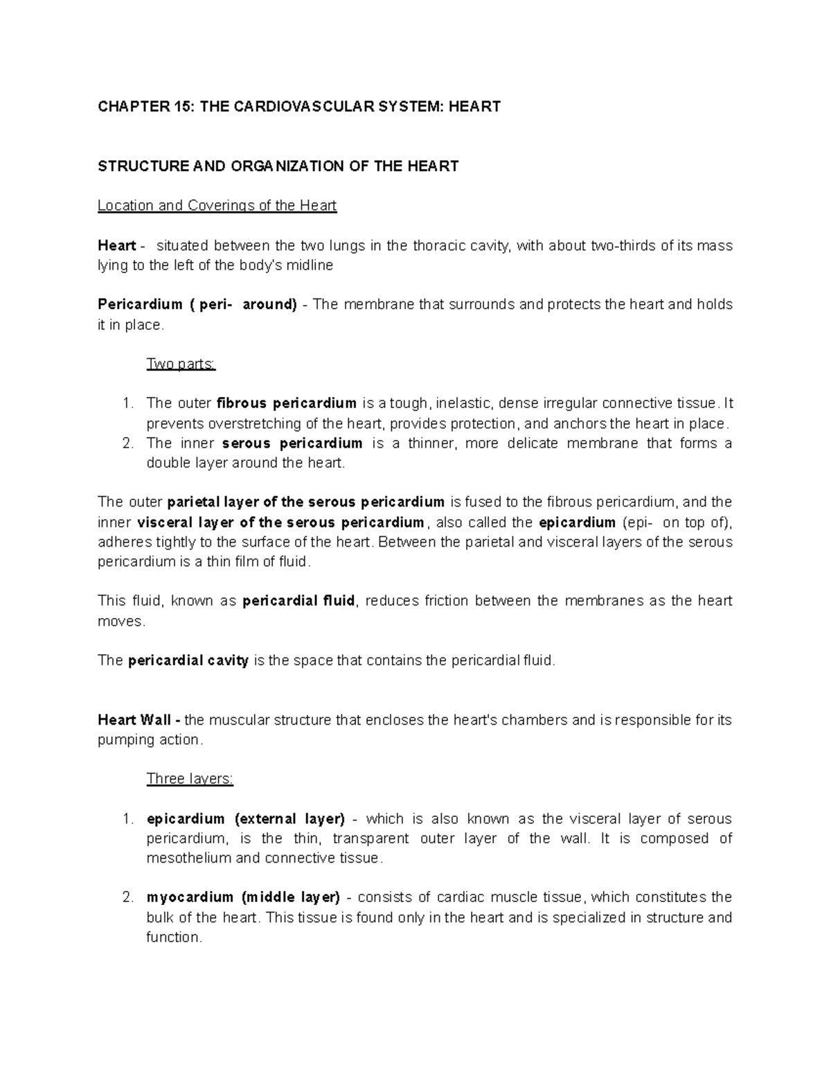 Cardio 101: Heart Structure & Function Outline - CH 15 Notes - Studocu